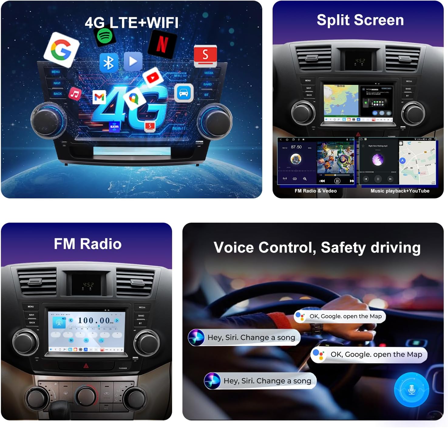 QLED Radio for Toyota Highlander 2008-2013 Upgrade,Touch Screen Stereo Replacement,Wireless carplay Android auto,4G LTE Network