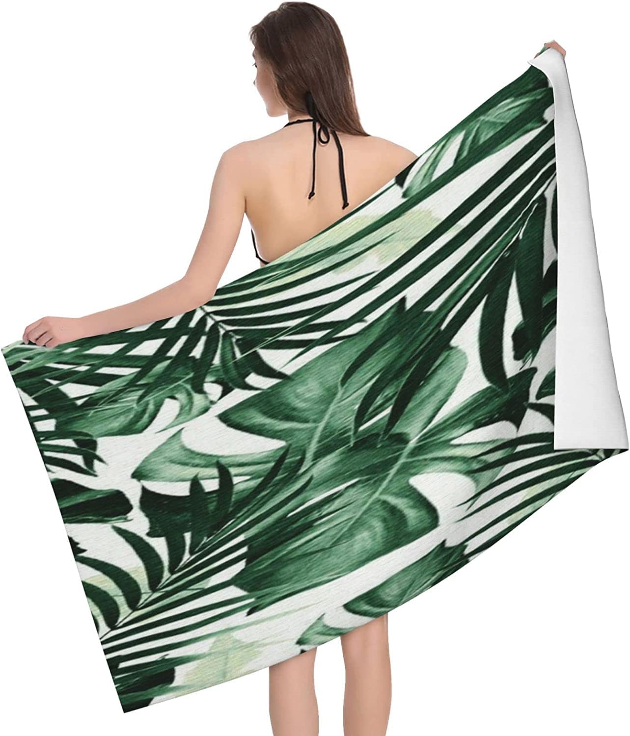 LSRCPD Tropical Jungle Green Leaves Pattern Beach Towel Highly Absorbent Microfiber Beach Blanket Soft Bath Towels 80X130 CM