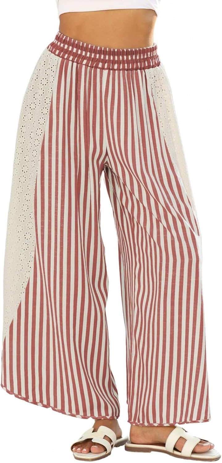 Women Lightweight Striped Patchwork Wide Leg Palazzo Pants Elastic High Waist Eyelet Lace Spliced Trousers