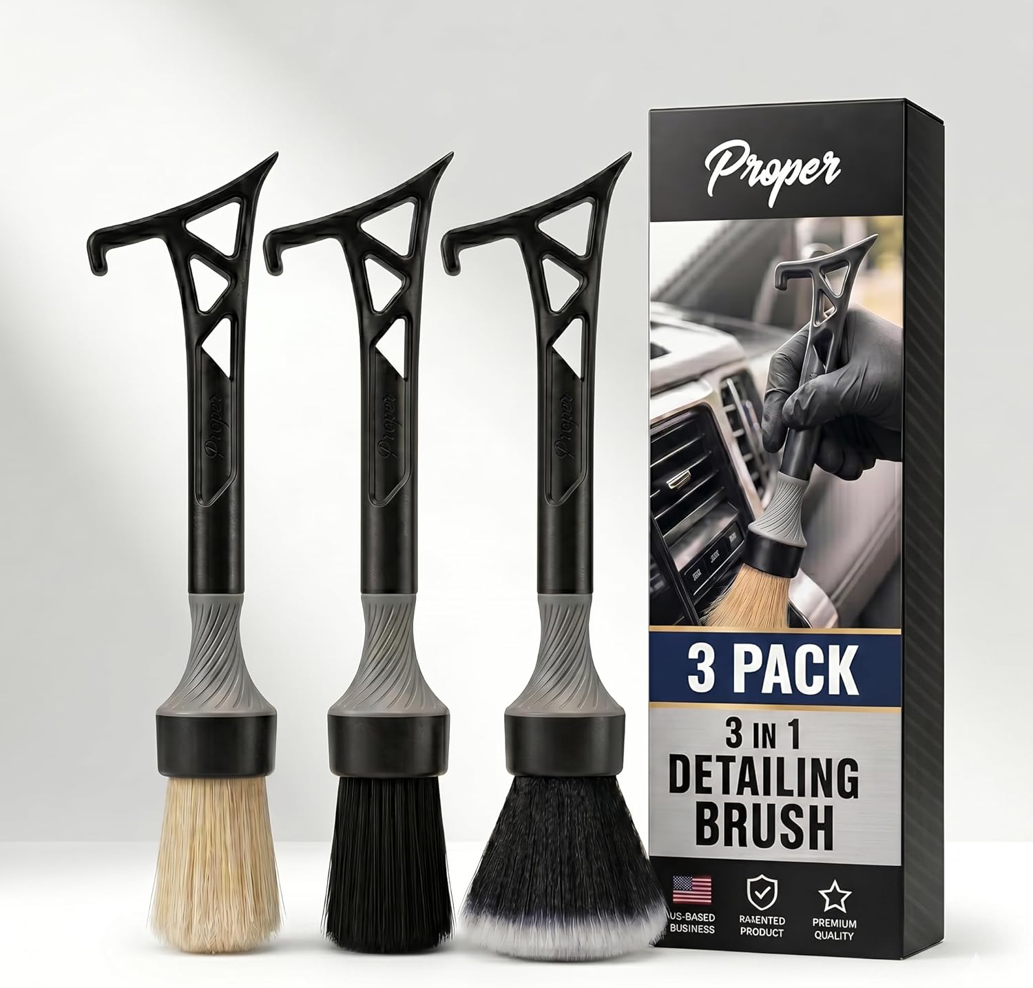 Detailing Brush Set 3 in 1 Patent Pending in House Design from Proper. Detail Automotive Interior or Exterior, get Professional Results with Proper Detail Brushes Car Detailing - 3 Pack
