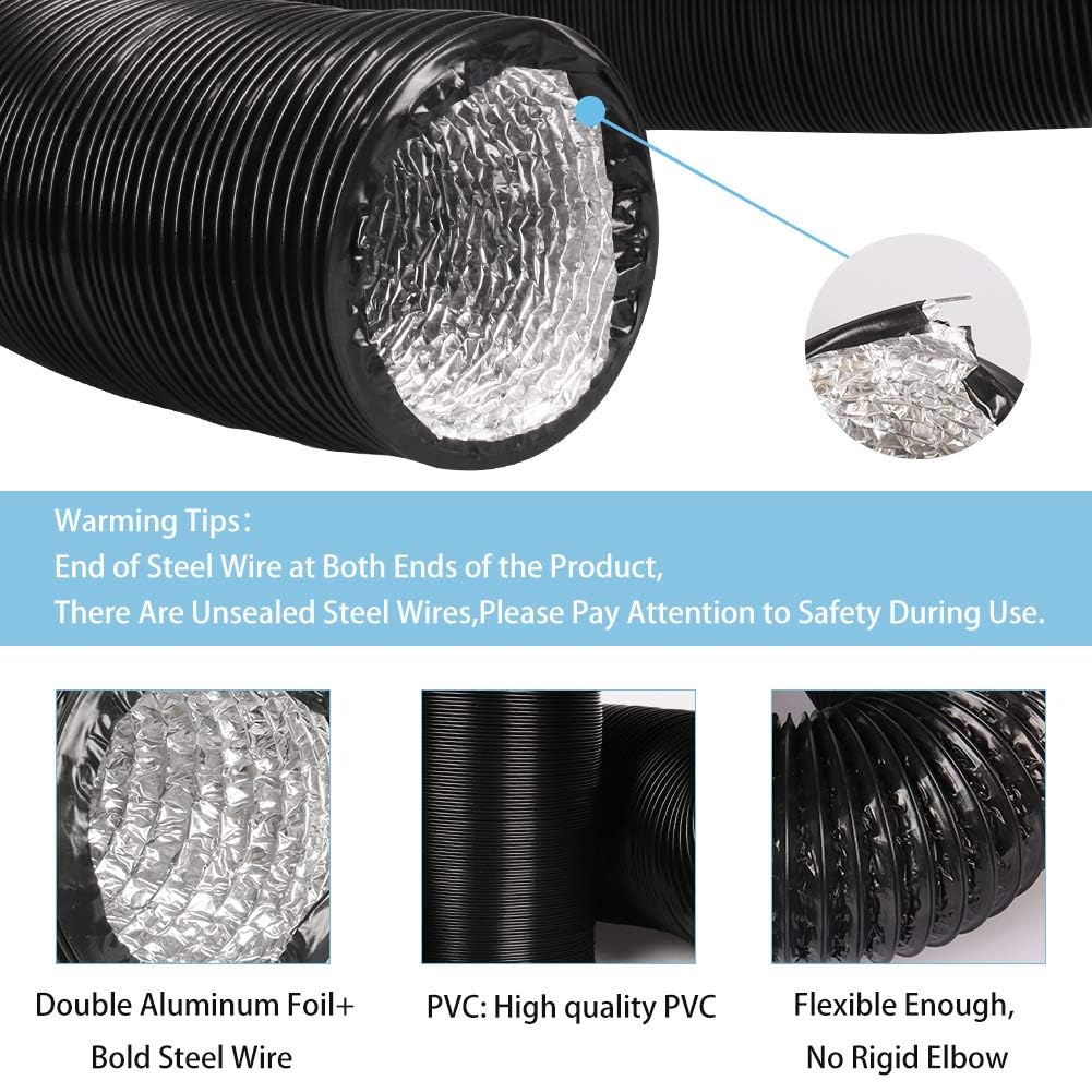 6 m Tubo Flexible de Salida de Aire Ø 100 mm Tubo Aire Flexible di Aluminio PVC para Extractor de Aire Climatización Secadora Conducto de Aire de Ventilación Sistemas con 2 Abrazaderas
