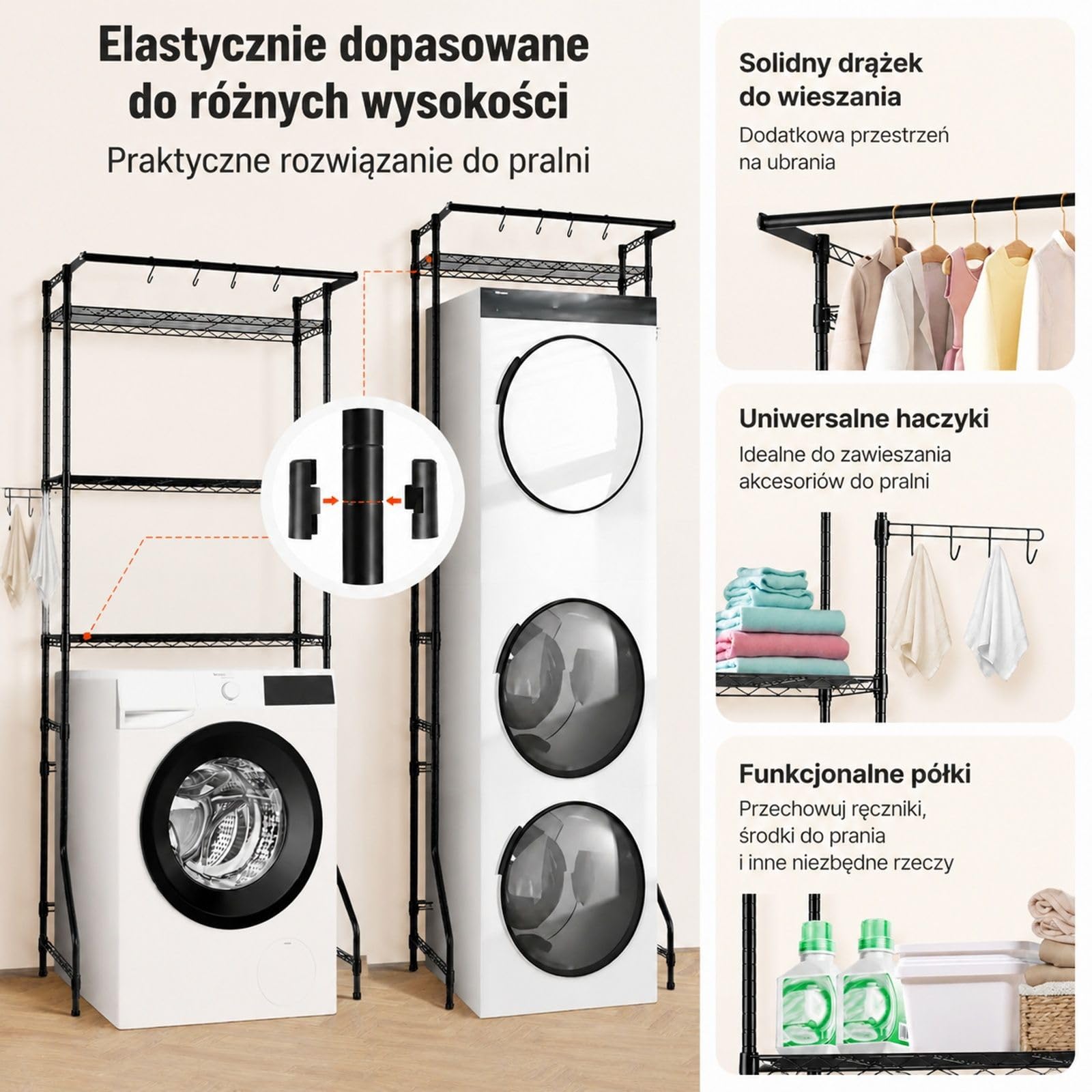 Czarny 3-poziomowy regał nad pralkę i suszarkę z drążkiem na ubrania oraz 4 haczykami, stal węglowa