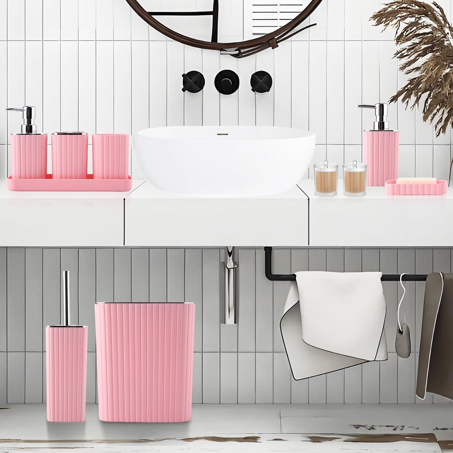 Pink Bathroom Accessories Set - Gorgeous Bathroom Set, 10PC Bathroom Accessory Set, Toilet Brush, Trash Can, Qtip Holder & Soap Dispenser