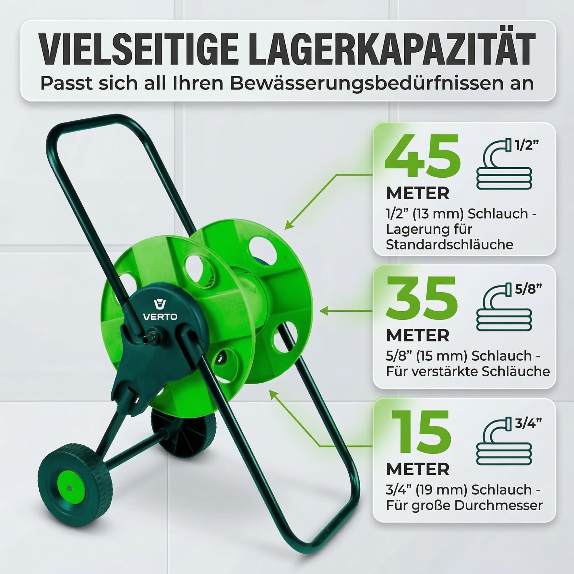 VERTO Gartenschlauchwagen mit bis zu 50 m - Gartenschlauchständer für Gartenschläuche, Verstärkte Seiten des Ständers, Praktische Kurbel zum Aufrollen des Schlauchs