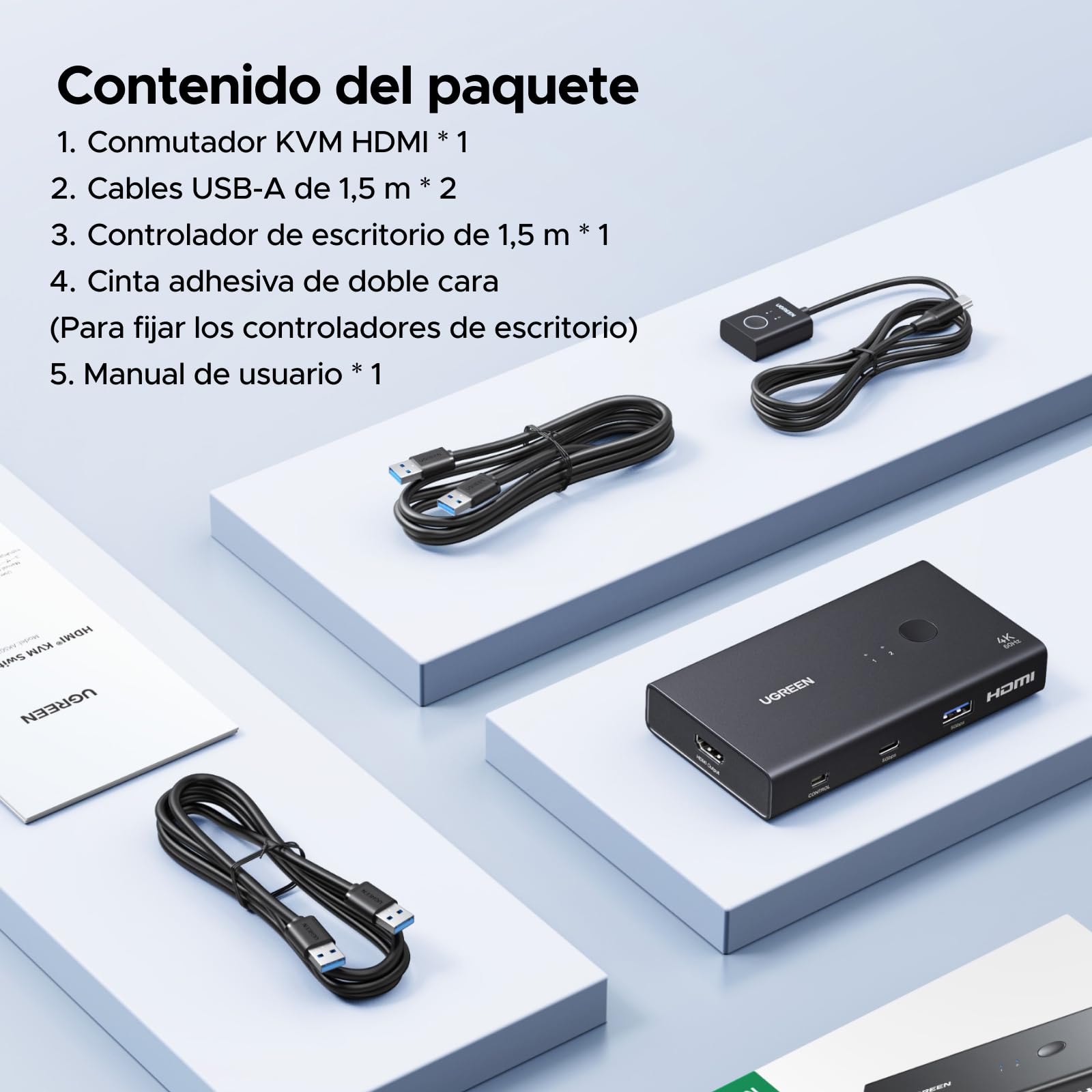 UGREEN Switch KVM HDMI 2.0 2 Entradas 1 Salidas 4K 60 Hz Conmutador KVM para 2 pc con 4 puertos USB 3.0 5Gbps para Teclado Ratón Disco Duro Controlador de Escritorio compatible con Windows Linux macOS