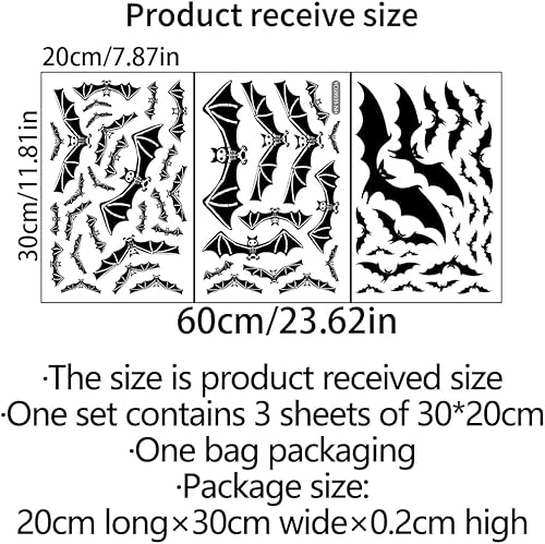 Miniatura 7 de 3 hojas de calcomanías luminosas de murciélago de esqueleto de Halloween que brillan en la oscuridad, calcomanías luminosas de murciélago de