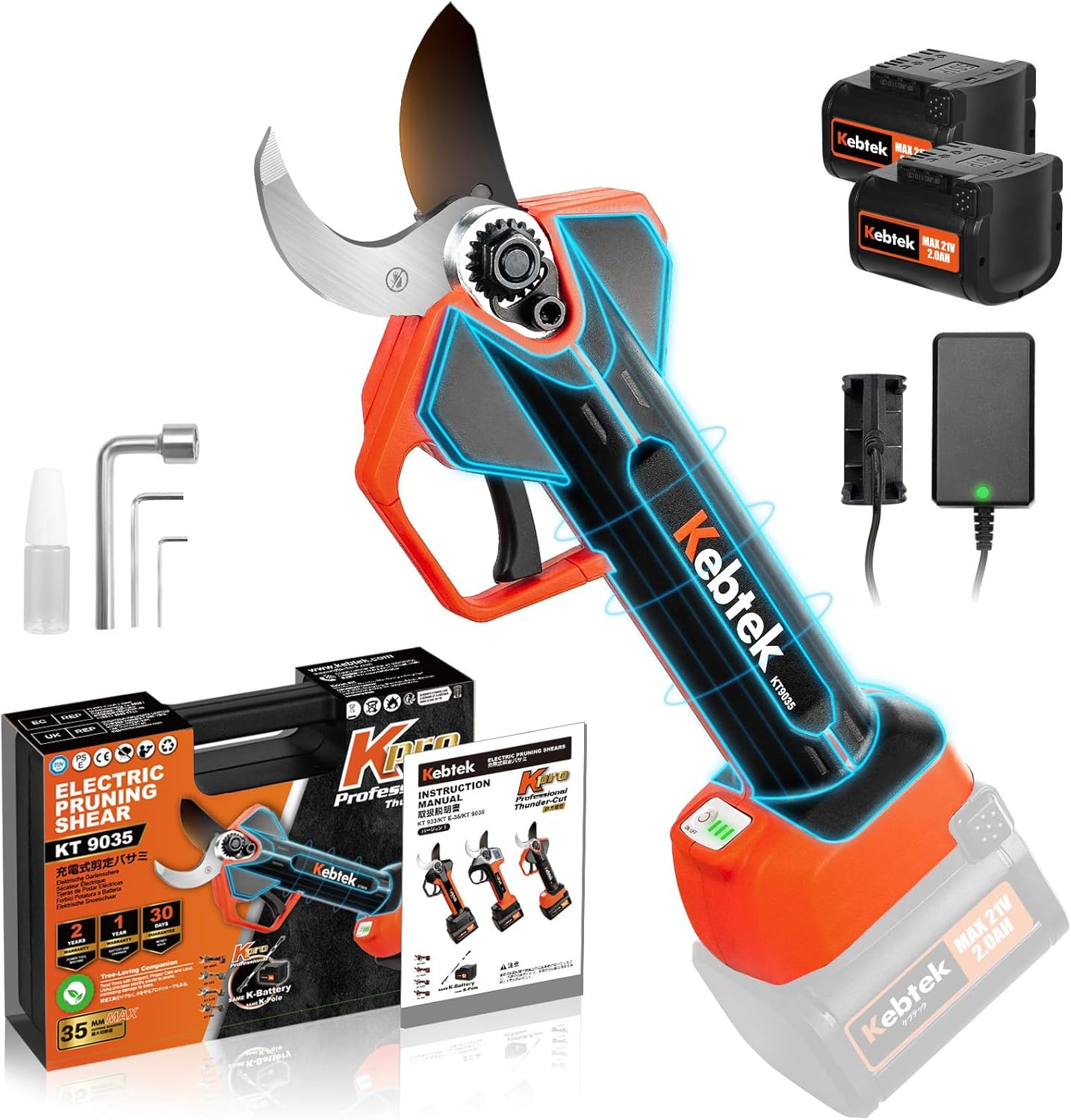 Kebtek Battery Powered Pruning Shears 1.4 Inch(35mm) Electric Pruners Cordless with Battery 4000mAh 21V Compatible with Extension Pole Professional Lightweight For Gardening Tree Trimming KT 9035