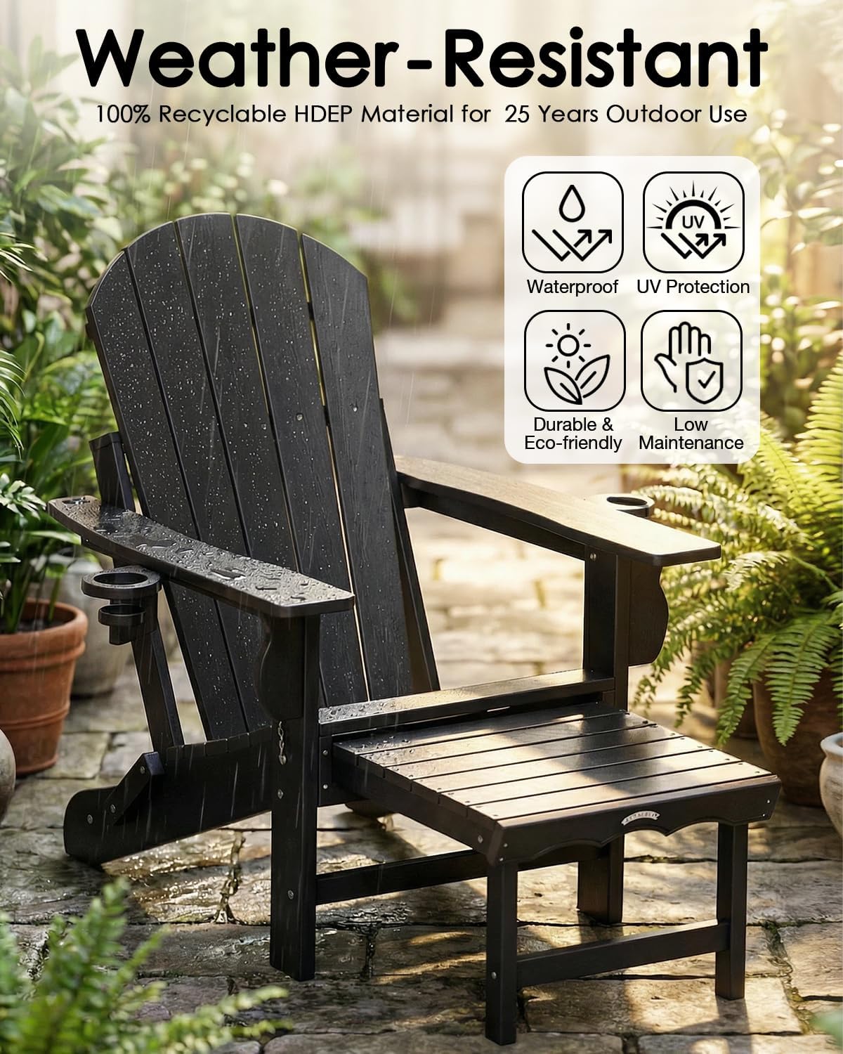Folding Adirondack Chair with Ottoman, Recyclable HDPE Adirondack Patio Chair with 2 Cup Holder, Outdoor Fire Pit Chairs with Pull Out Footrest, Weather Resistant for Garden, Deck, Poolside,Black