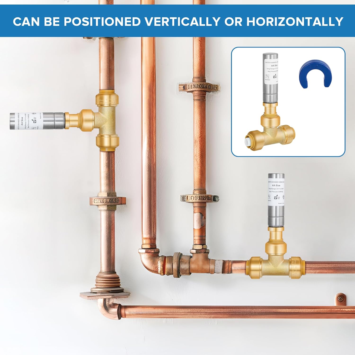 (2-Pack) Yqimtion Push to Connect Water Hammer Arrestor, Tee, 1/2" Pushfit to Connect Pex,Copper,CPVC,PE-RT for Faucet,Dishwasher,Washer Plumbing Connection, Reduce Banging Noise