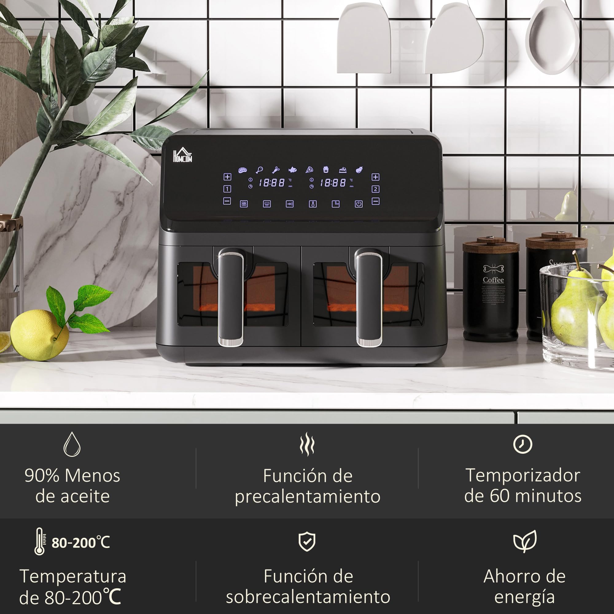 HOMCOM Freidora sin Aceite Doble 8L 2500W 38,5x38x30,5 cm Negro | Freidora de Aire, 8 Programas, Pantalla LED Táctil, Temperatura Ajustable 80-200℃, Temporizador, Cesta Antiadherente