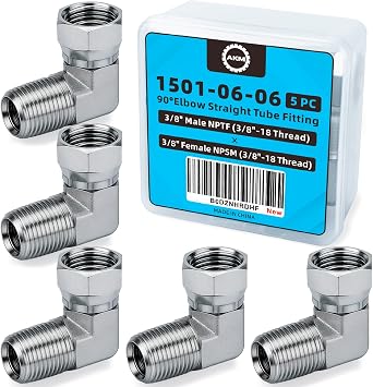 90 Elbow Straight Hydraulic Hose Adapter Fittings, 1501-06-06 3/8" Male 3/8"-18 NPTF x3/8" Female 3/8"-18 NPSM Swivel Connectors x 5 pack