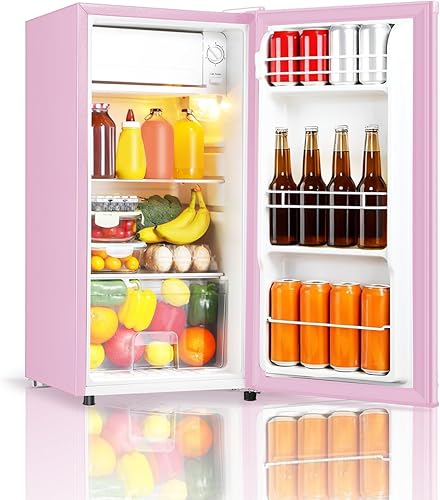 Seaoola - Mini refrigerador con congelador, una puerta de 3.1 pies cúbicos, mini refrigerador compacto, luz LED, termostato ajustable, estantes de