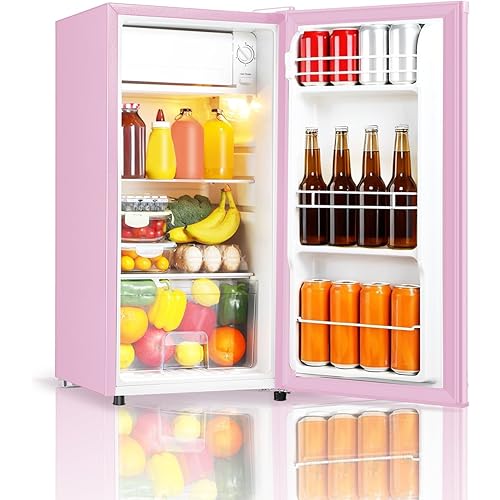 Seaoola Mini Fridge with Freezer, Single Door 3.1 Cu.Ft, Compact Mini Refrigerator, LED Light, Adjustable Thermostat, Removable Glass Shelves, Small Refrigerator for Dorm/Office/Bedroom(Pink)