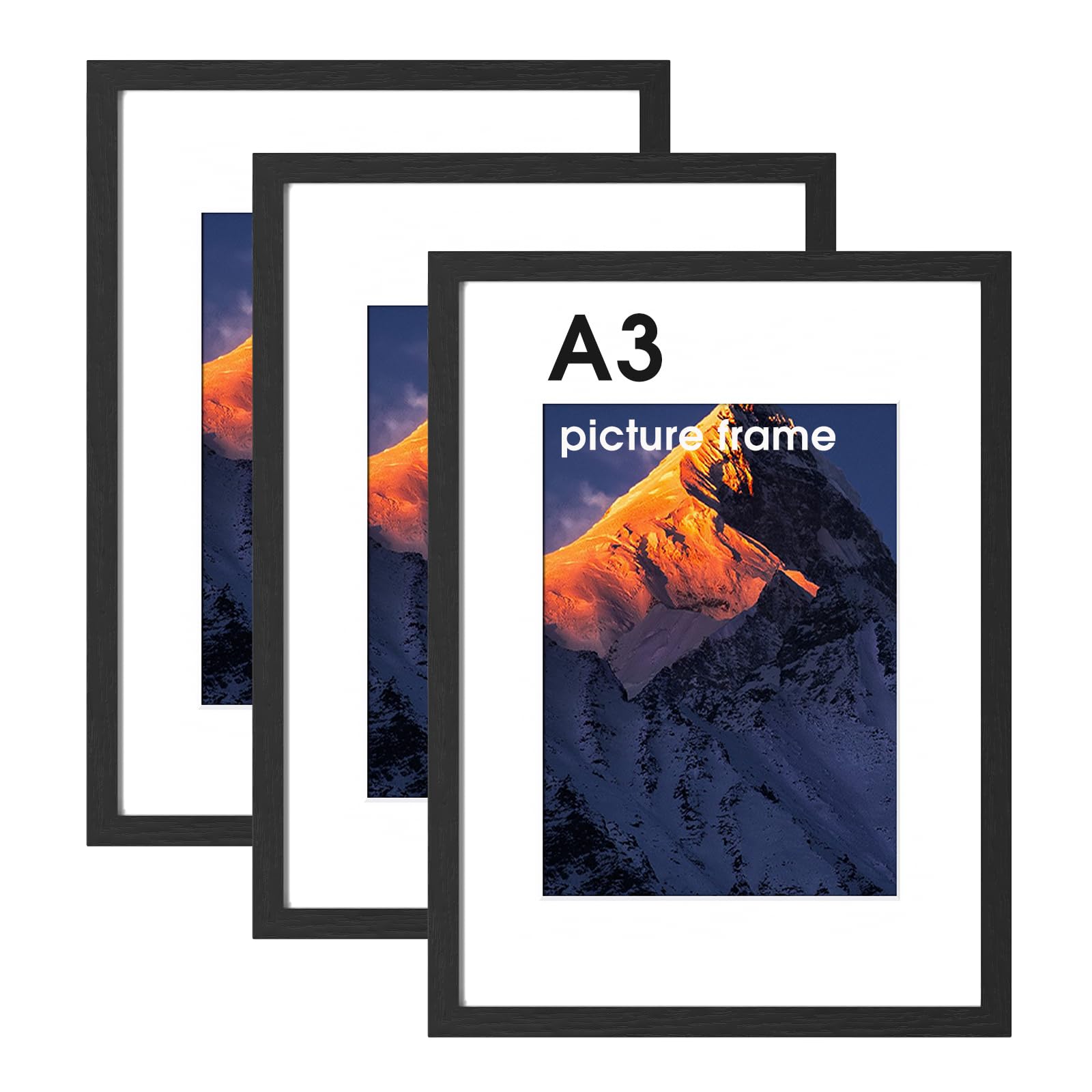 UHOUSEST A3 Picture Frames, Wooden Photo Frames, Poster Frames For Wall, Bedroom, Living Room, 42Γ29.7cm Frame with Mount and Plexiglass For Wall Mount Vertically or Horizontally, Black, Pack of 3