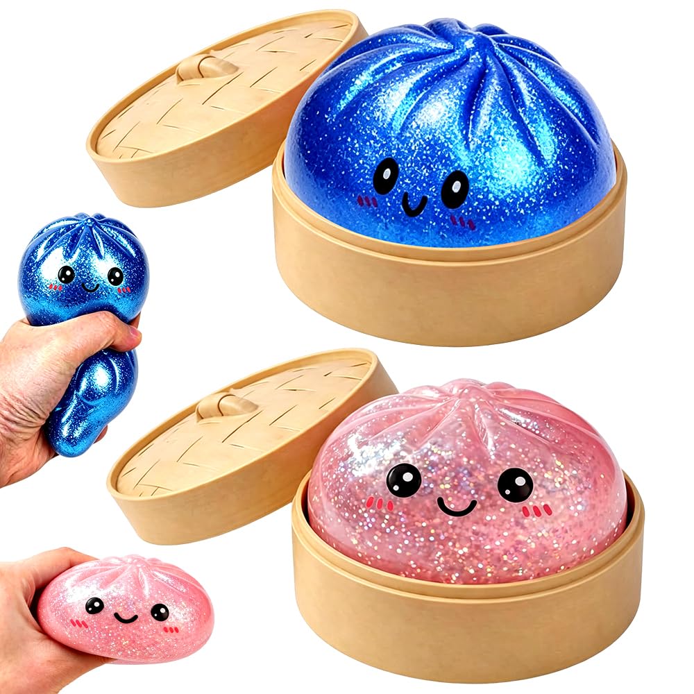 MIFKLMV 2 Pcs Giant Dumpling Squishy, Giant Dumpling Squishy Toy, Toy Dumplings with Steamer Box, Soft Squeeze Dough Hand Fidget Toys, Funny Slow-Rise Stress Toys, Pink/Blue