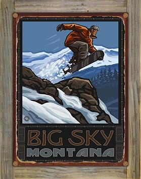 Art of Place Big Sky Montana Snowboarder Rustic Metal Print on Reclaimed Barn Wood from Travel Artwork by Artist Paul A. Lanquist 8.5" x 11.5"