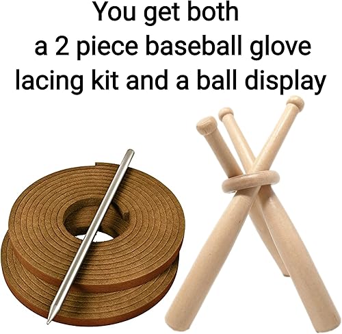 Miniatura 2 de TOFL Kit de cordones de cuero para guantes de béisbol con soporte de exhibición de béisbol, soporte de pelota de madera, diseño de mini bate de