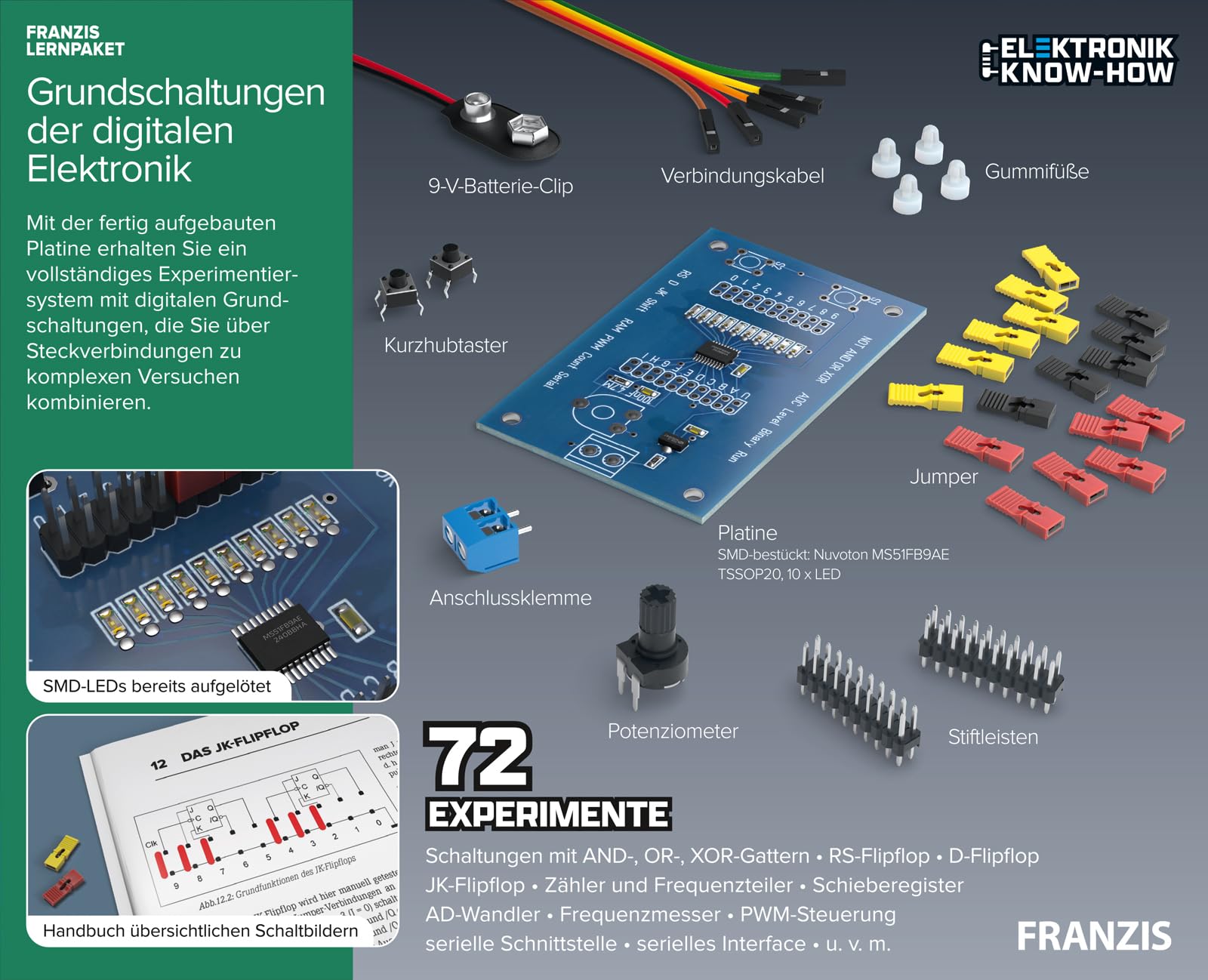 FRANZIS 67204 - Lernpaket Grundschaltungen der digitalen Elektronik - Komplettset für 72 Praxis-Projekte, inkl. Handbuch