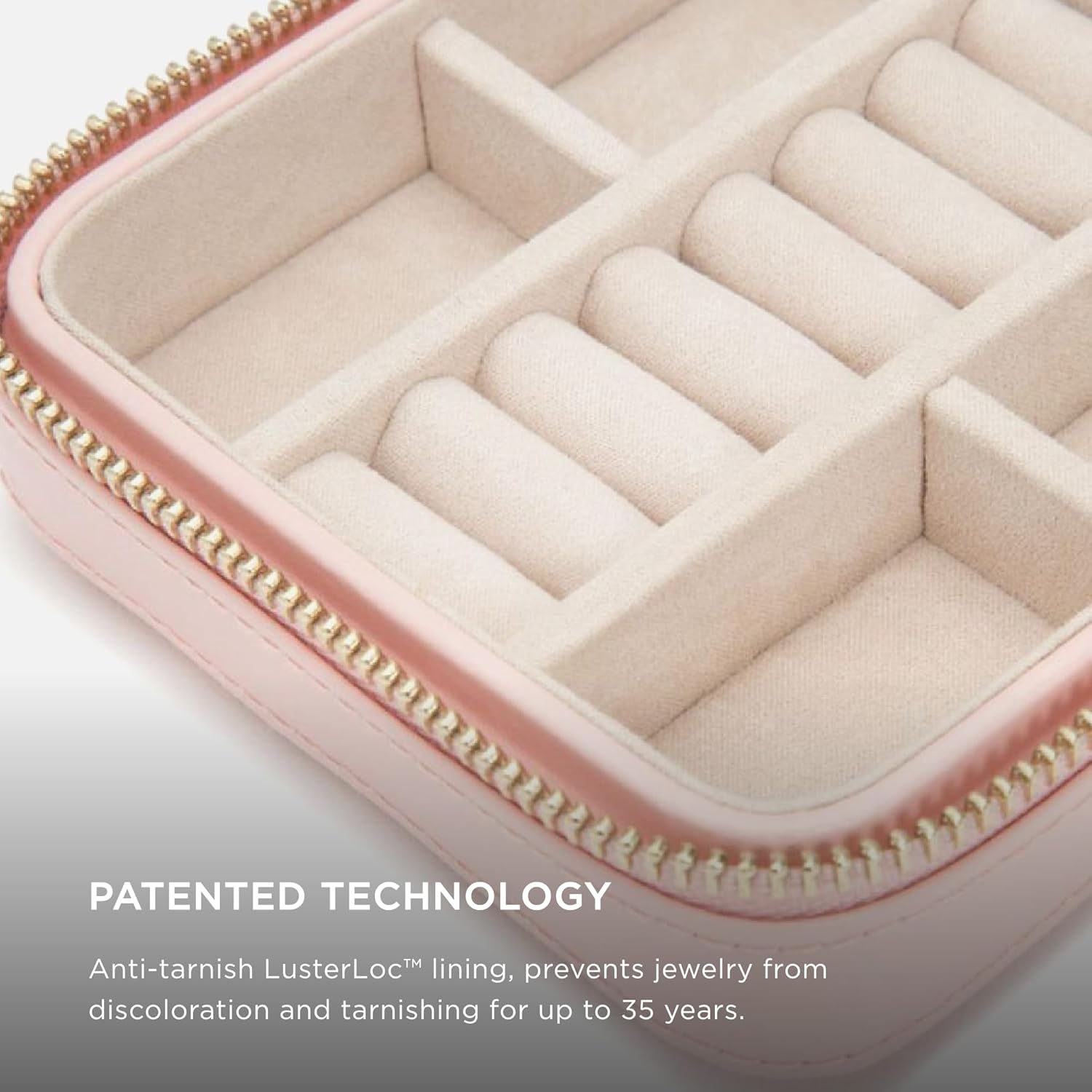 WOLF Caroline Zip Travel Case, Rose Quartz - Seven Ring Rolls, Four Compartments, Three Necklace Hooks & Pocket - Anti-Tarnish LusterLoc Lining