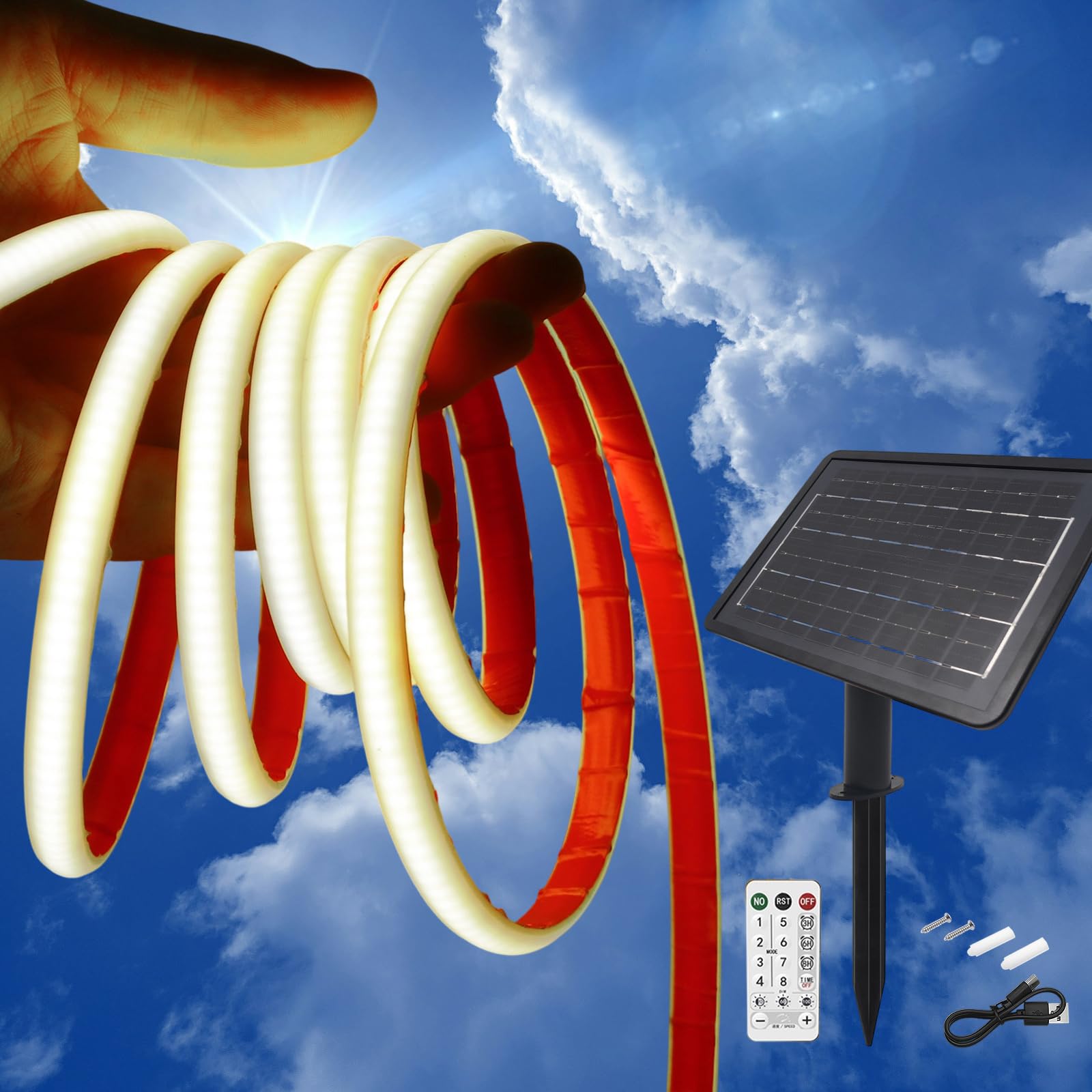 KISUFU 24V Bande LED lumineuse solaire Extérieur, 320 LEDs/m IP68 Étanche Auto-adhésive 2400mah Solar Powered Ruban LED Light Strip avec télécommande et 8 modes pour porche, décoration de jardin.