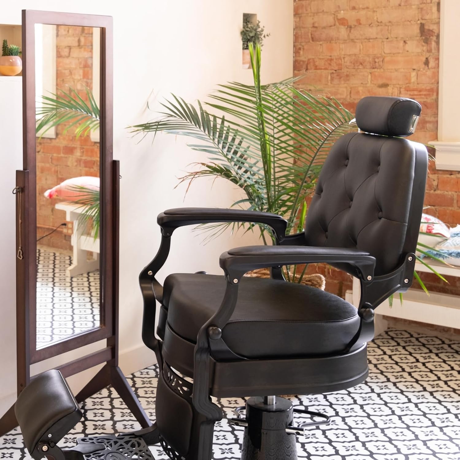 Adams Vintage Barber Chair, Reclining Heavy Duty Barber Chair, Black Seat Black Frame