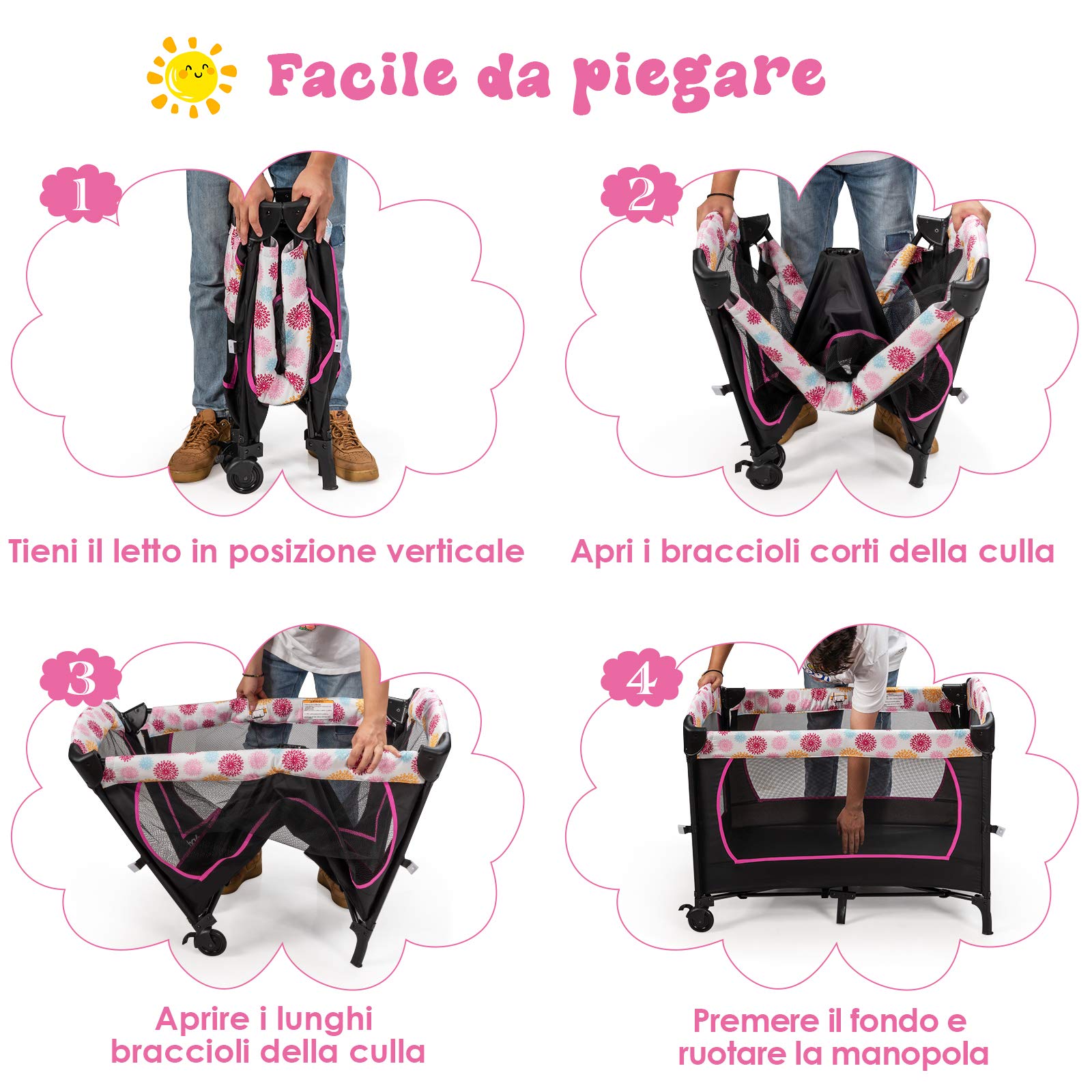 COSTWAY 3 in 1 Lettino da Campeggio per Bambini, Culla per Neonati con Materasso Pieghevole, Fasciatoio, Giocattoli e Ruote, Box per Bambini 0-36 Mesi, 107 x 72 x 119 cm (Rosa)