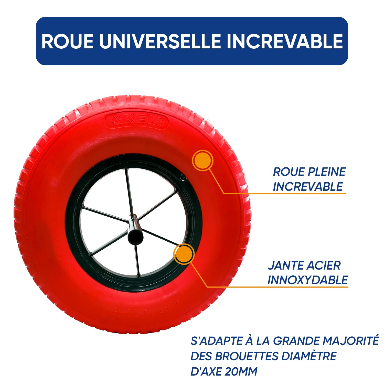 Ruota Increbile, Diametro 400 mm, Asse 20 mm, Carico max. 250 kg (550 libbre), ultra resistente, ideale per carriola (ROSSO)