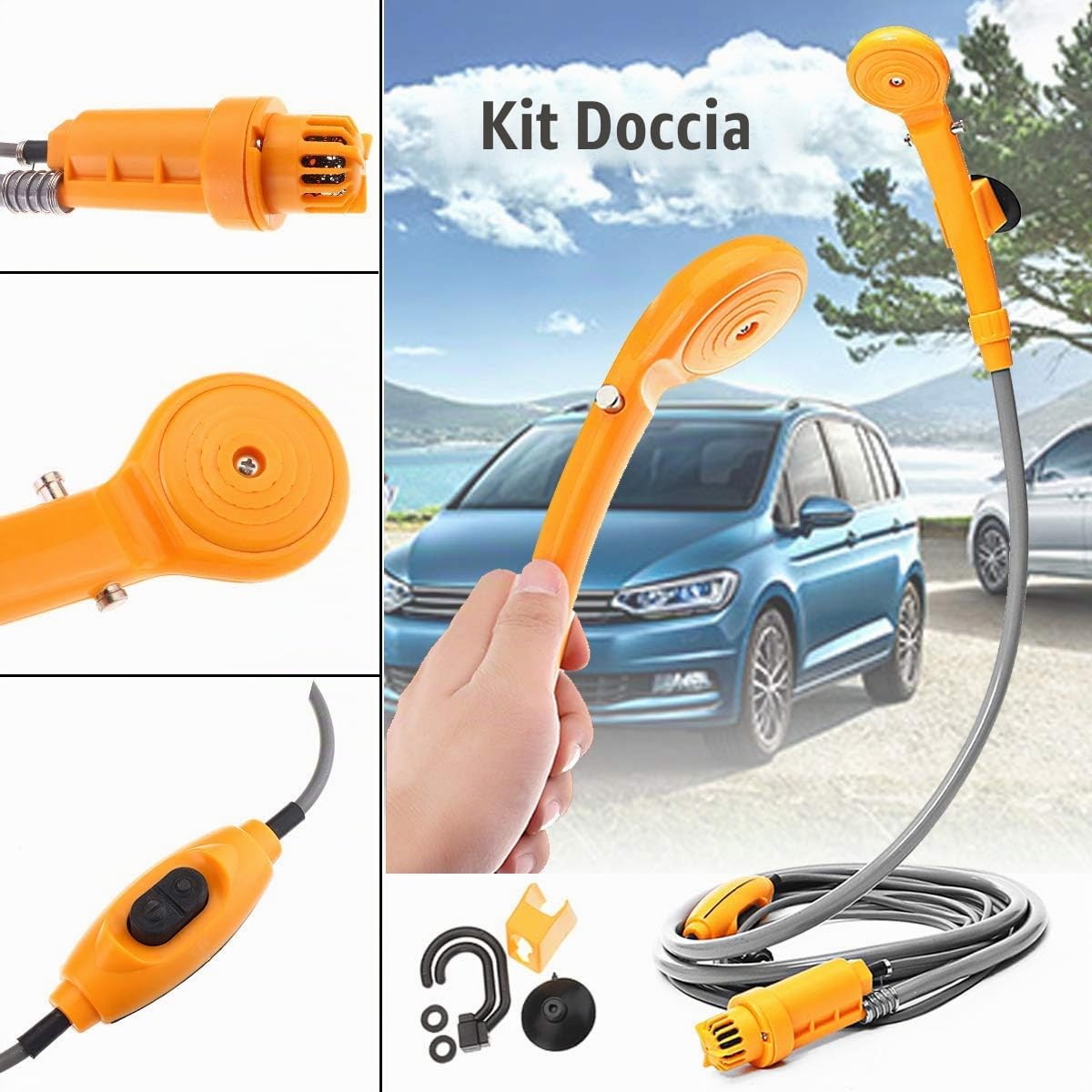 Riloer Kit doccia portatile da esterno, docce da campeggio portatili 12V con pompa dell'acqua, cavo da 5 metri con presa accendisigari, max 7 litri di acqua al minuto compatto