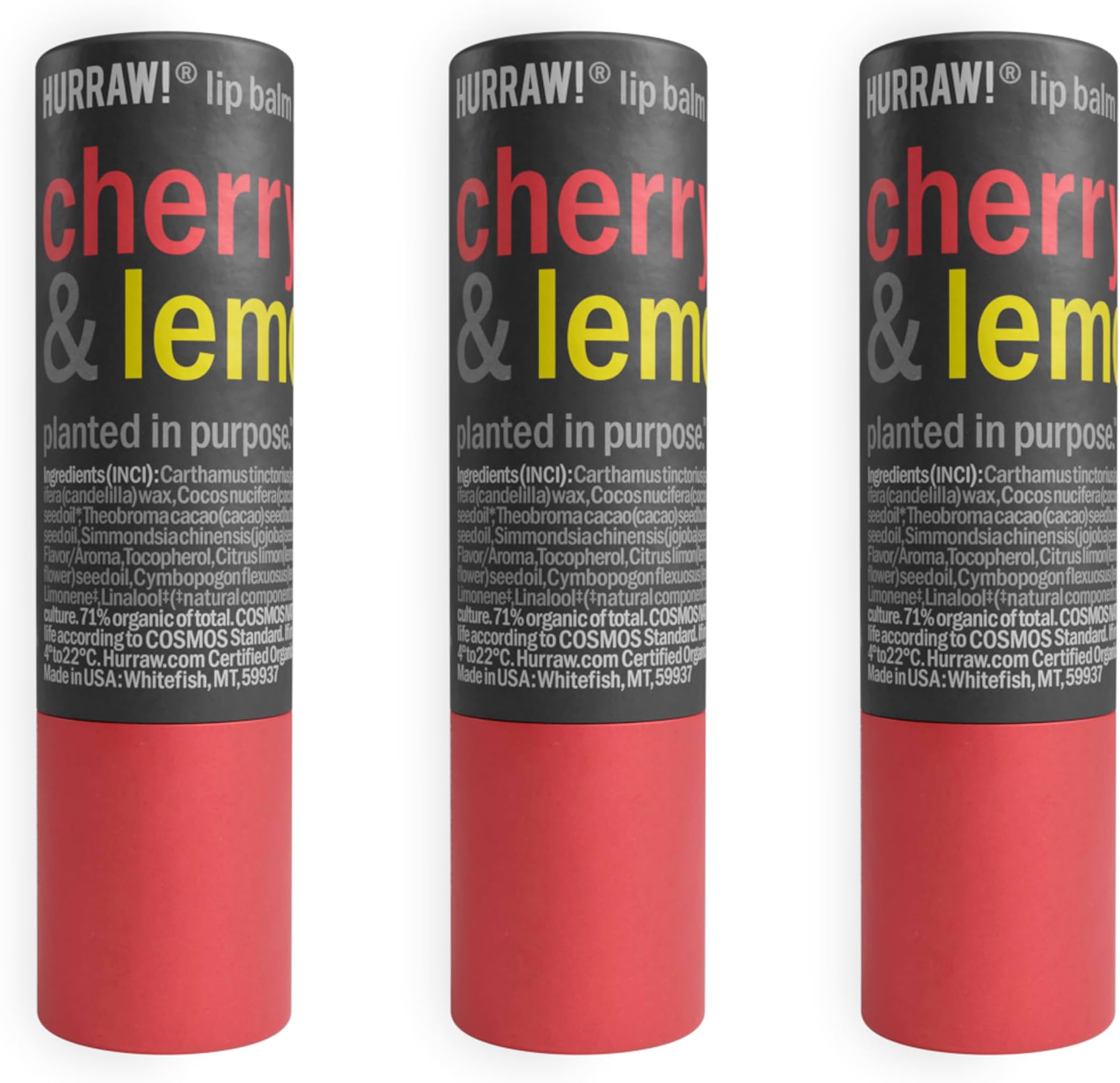 Cherry & Lemon Lip Balm, 3 Pack: Plastic-Free with new cardboard push-up tube. Certified Organic, All Natural Origin, Vegan & Cruelty Free. Gluten Free. Bee, Shea, Soy & Palm Free. Made in USA