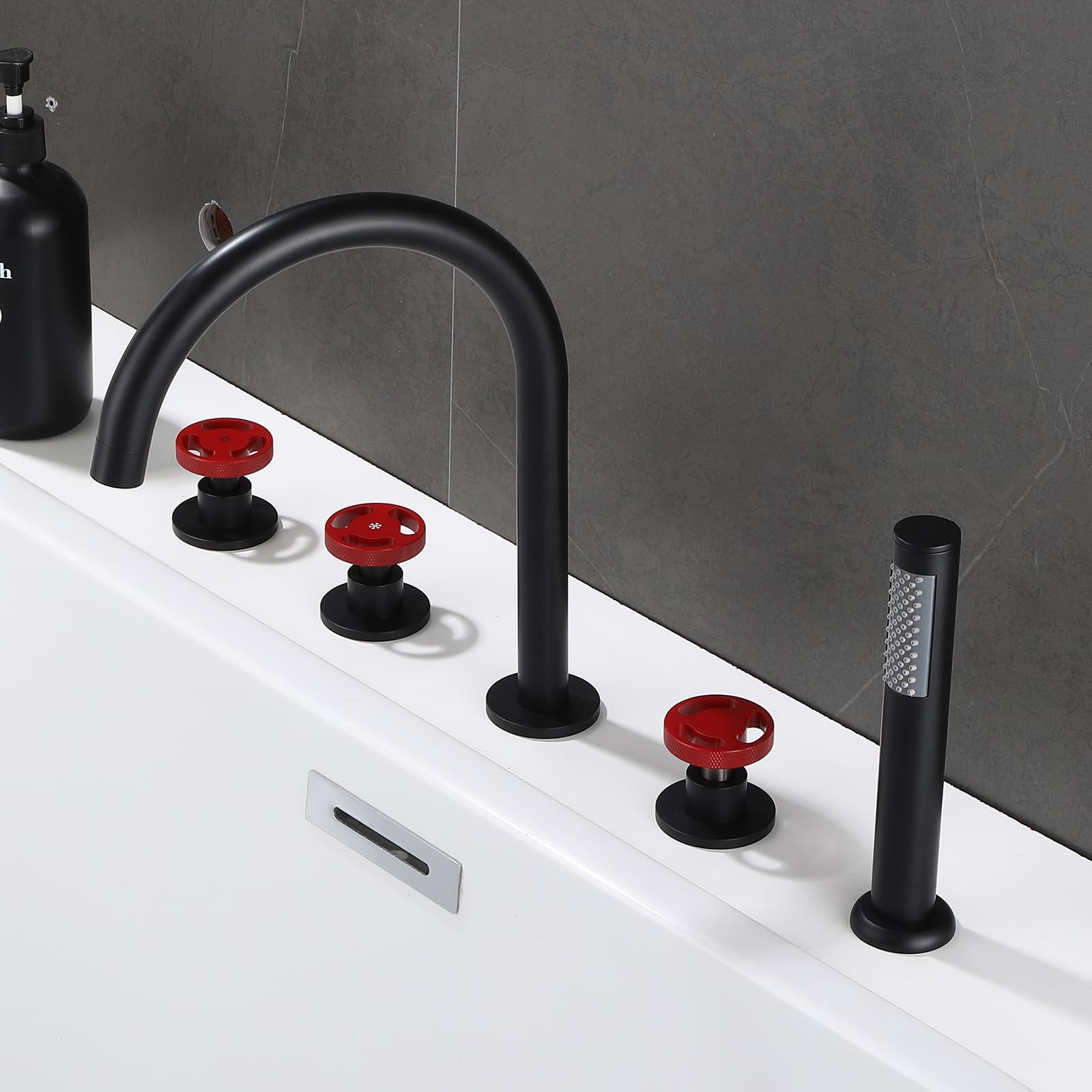 MYUYEE 5 Hole Bath Taps Set With Shower Bath Shower Mixer Tap Chrome 360 Swivel Spout Gooseneck Tap (Black + Red)