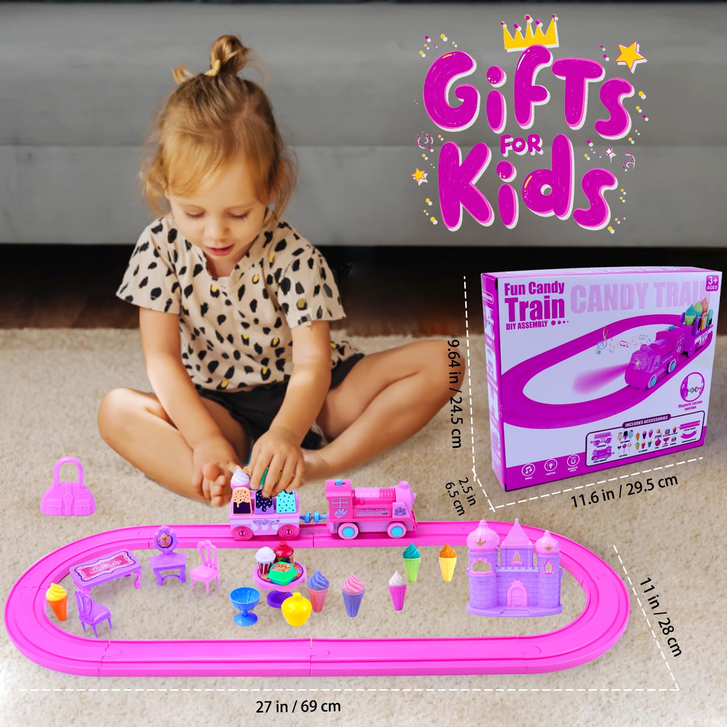 Tracks Car Toys Set for Age 2 3 4 5 6 7 Year Girls Toddler, Pink Princess Train Set Toys for Kids with Light & Music, Track Vehicle Toy Girl Birthday Gift