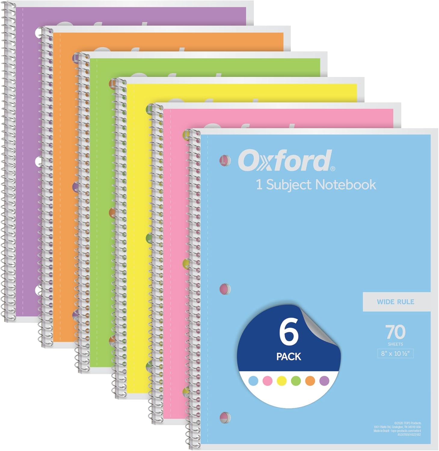 Oxford Spiral Notebook, Bulk Wide Ruled Spiral Notebooks for School, Pastel Colors, 1 Subject School Journal, 70 Wide Ruled Sheets, 8 x 10-1/2 Inch, 6 Pack, Blue Green, Pink, Purple, Yellow (63757)