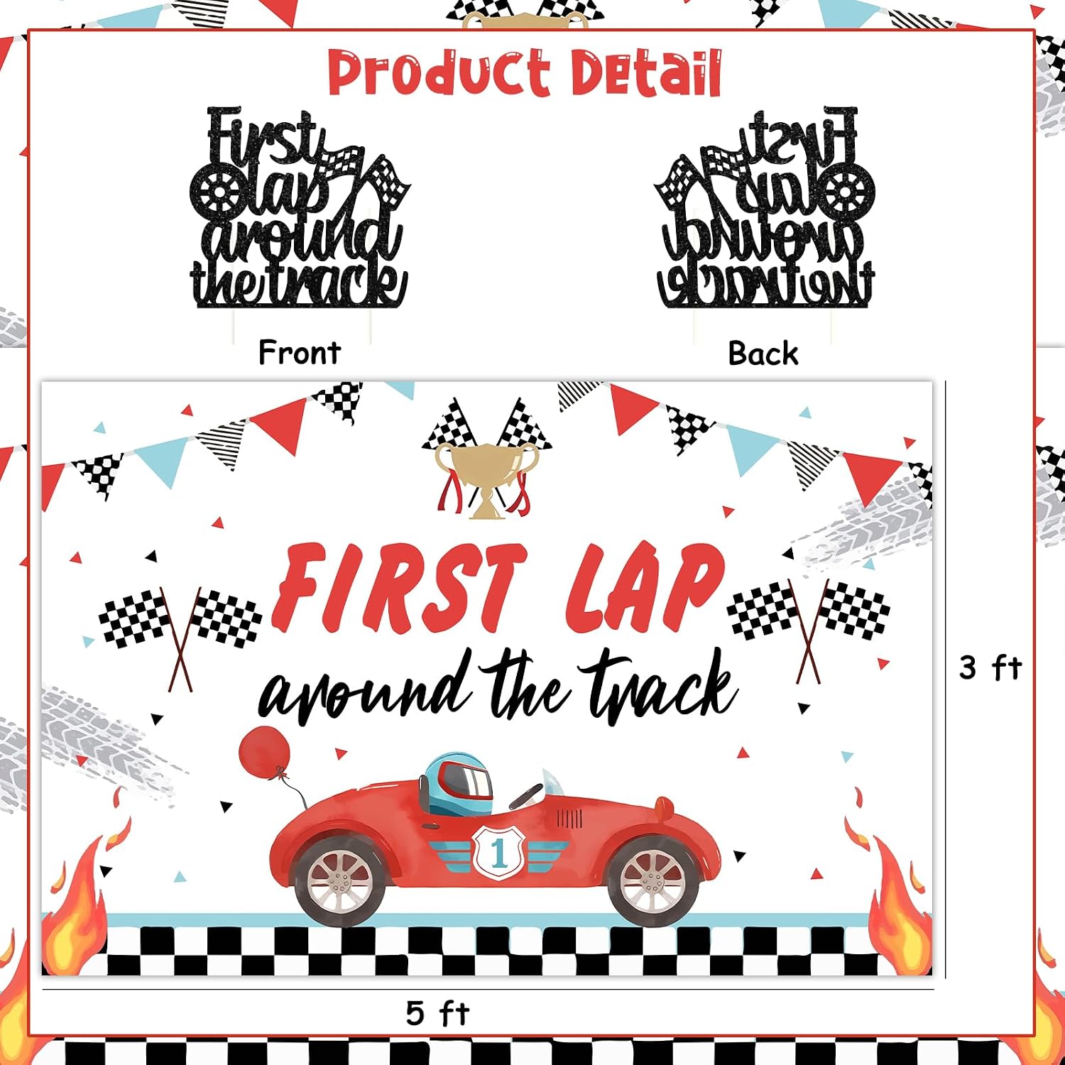 Jollyboom First Lap Around the Track Racing Car 1st Birthday Decoration Backdrop Banner Number 1 Foil Balloon Red Black Balloon for Boy Race Car Theme