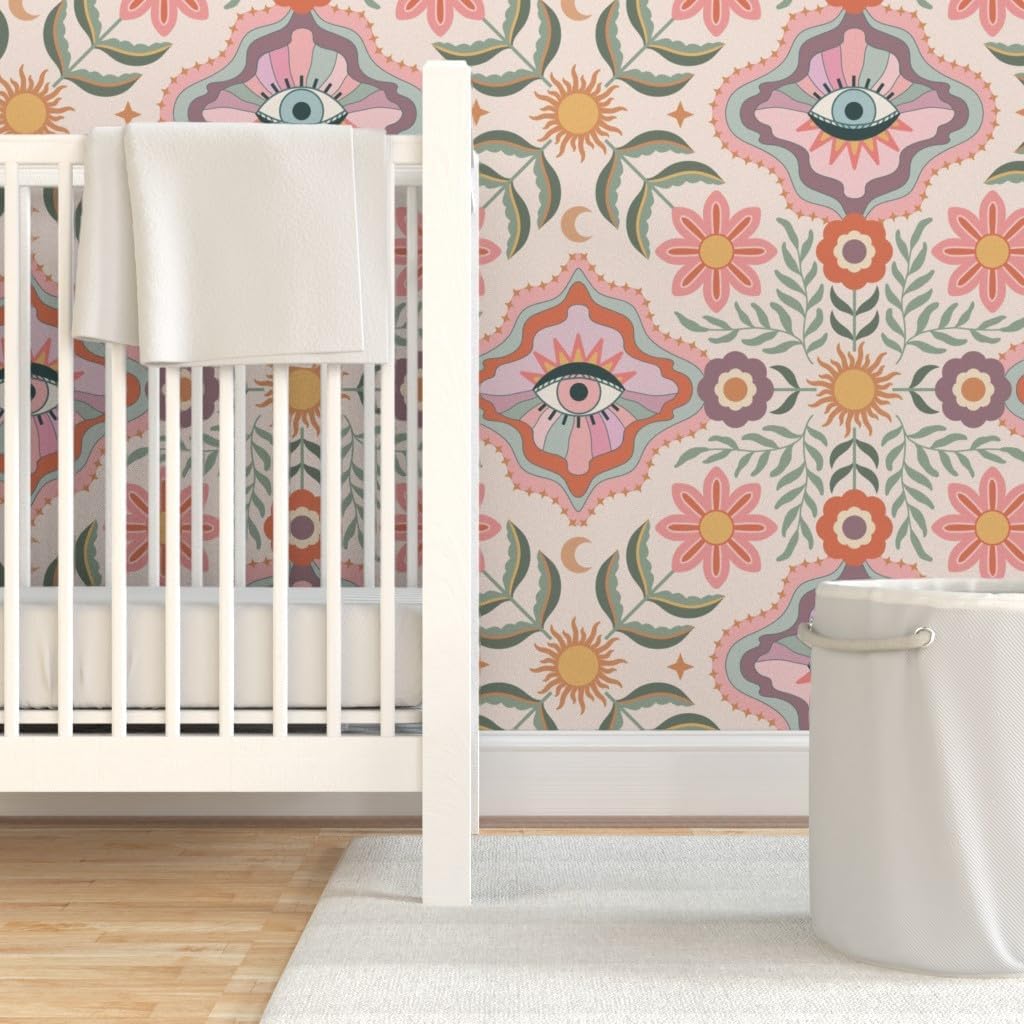 Removable Wallpaper 6ft x 2ft - Boho Floral Retro Eyes Teen Girly Tween Folk Flowers Bohemian Feminine Kids Sun Botanical Custom Pre-Pasted Wallpaper by Spoonflower