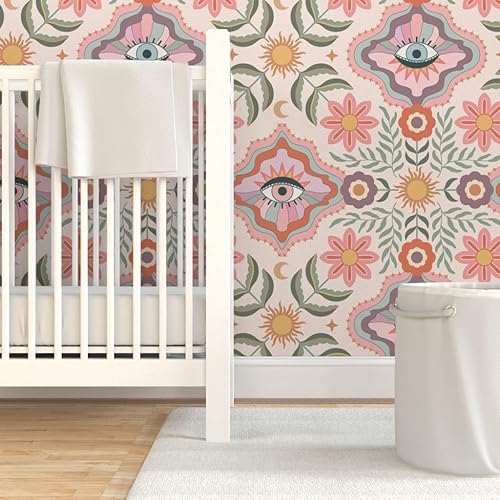 Miniatura 6 de Spoonflower Papel tapiz autoadhesivo de 12 x 2 pies  Boho Floral Retro Eyes Teen Girly Tween Folk Flowers Bohemian Femenine Kids Sun Botanical