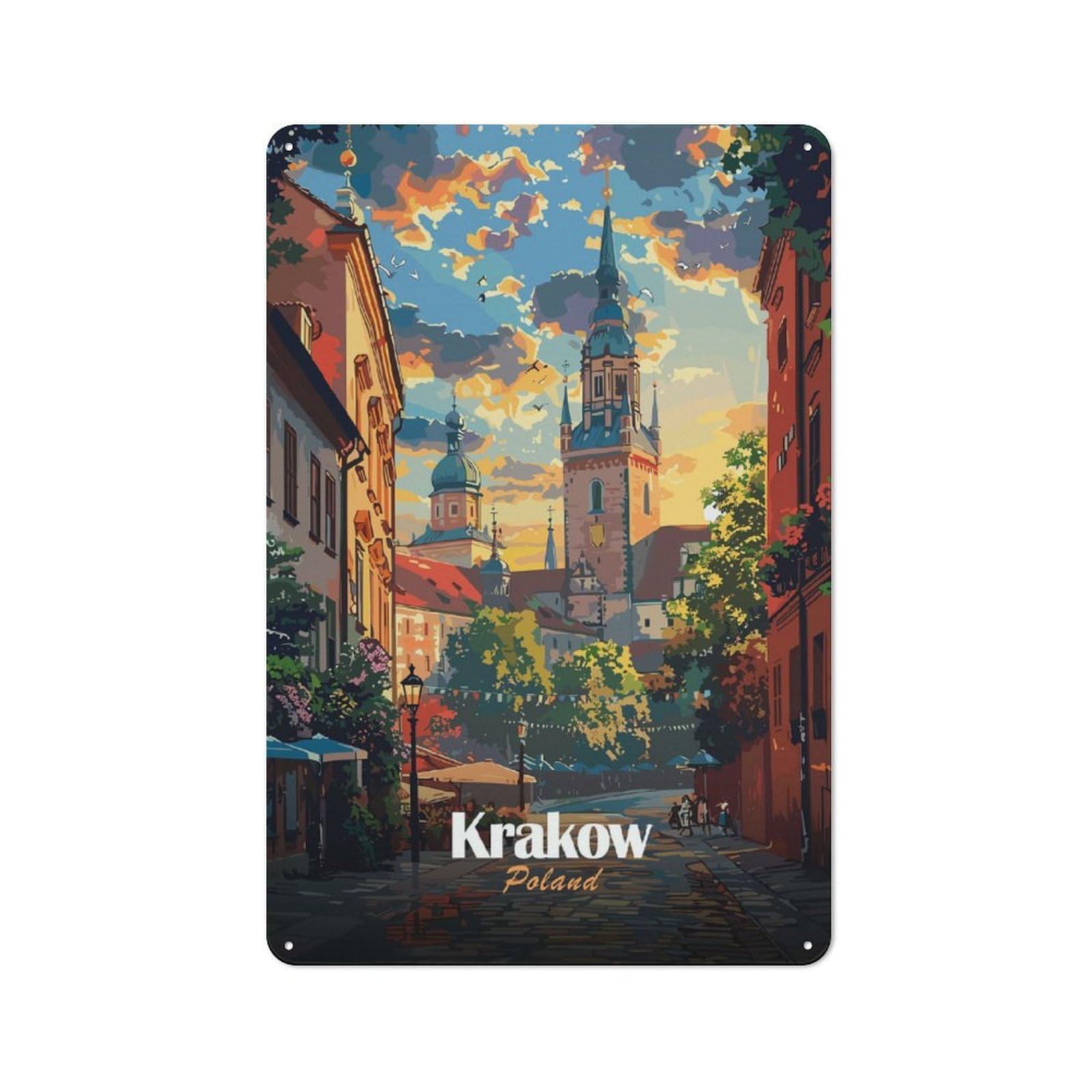 Junmoney Krakow, Poland Cityscape Illustration Shop Front Style Bistro Metal Sign 30X20cm, Cafe Wall Decor For Tea Room, Shop Wall Or Breakfast Area