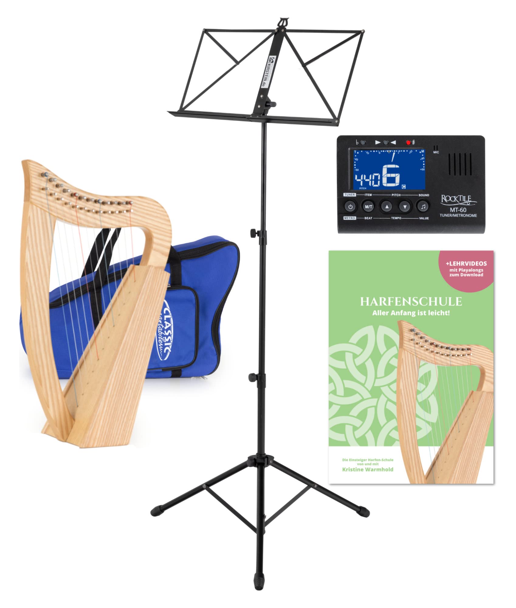 Classic Cantabile H-12 Set Harpe Celtique compacte en frêne 12 cordes Do majeur housse école pupitre Metro-Tuner 2 clés d'accord 51 cm