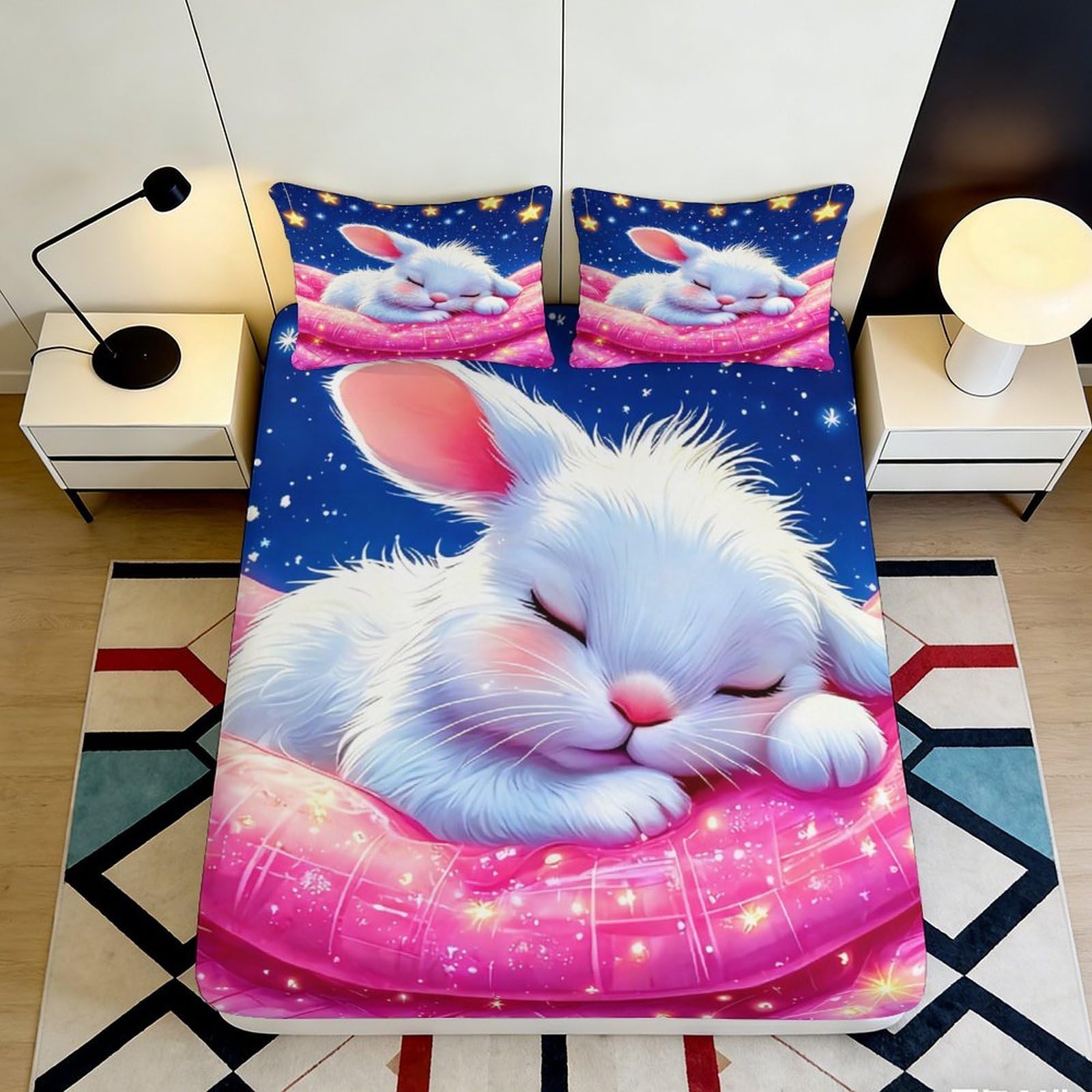 3D Printed Sleeping Bunny Fitted Sheet Microfiber Soft Breathable Starry Night Bed Cover for Bedroom Dormitory Guest Room Mattress Protection Decor 160x200x25cm
