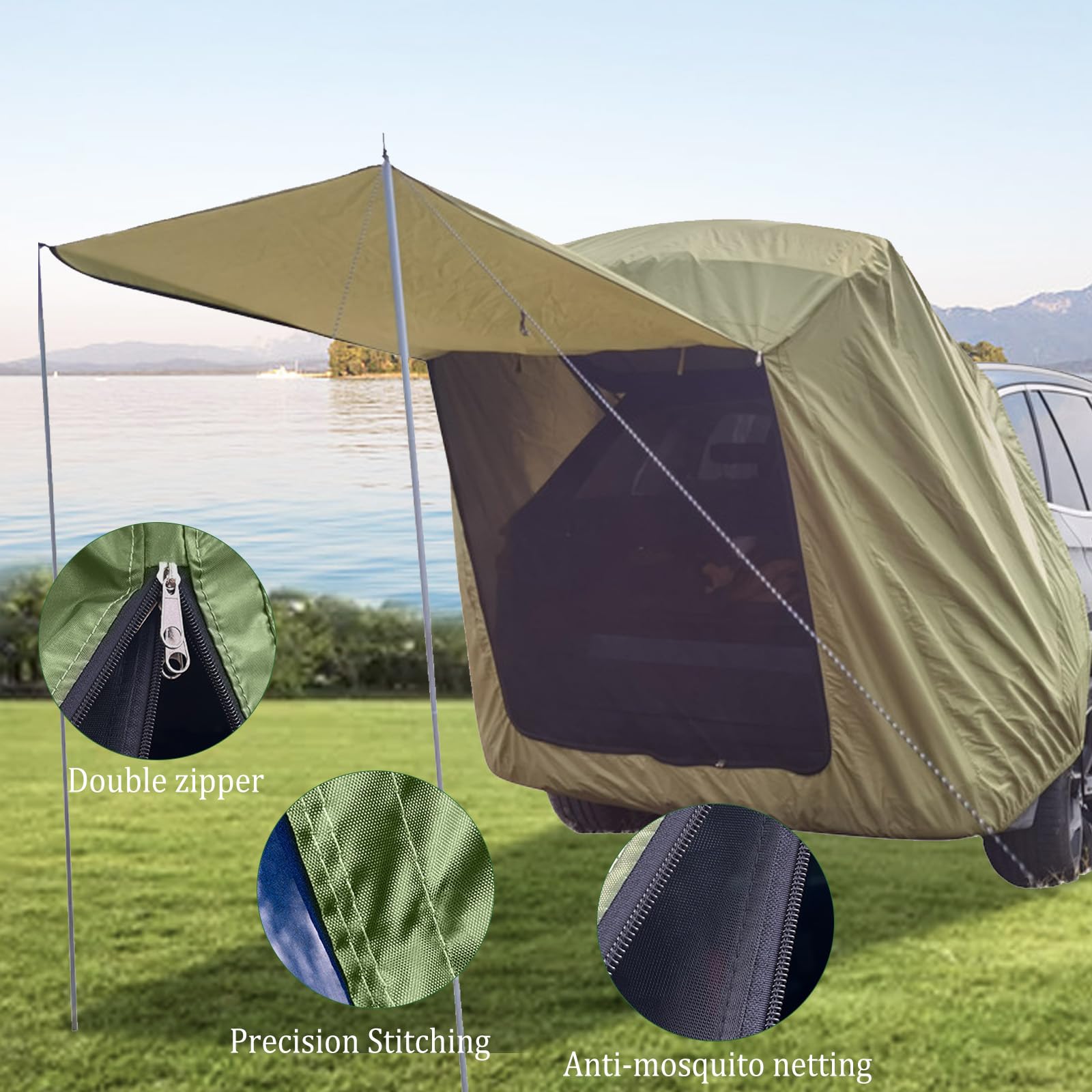 Tienda de campaña Trasera de Coche con mosquitera, protección Solar Impermeable toldos de Coche Tienda de campaña para SUV, toldo de Coche para Camping y Pesca con 2 Bolsas de Agua