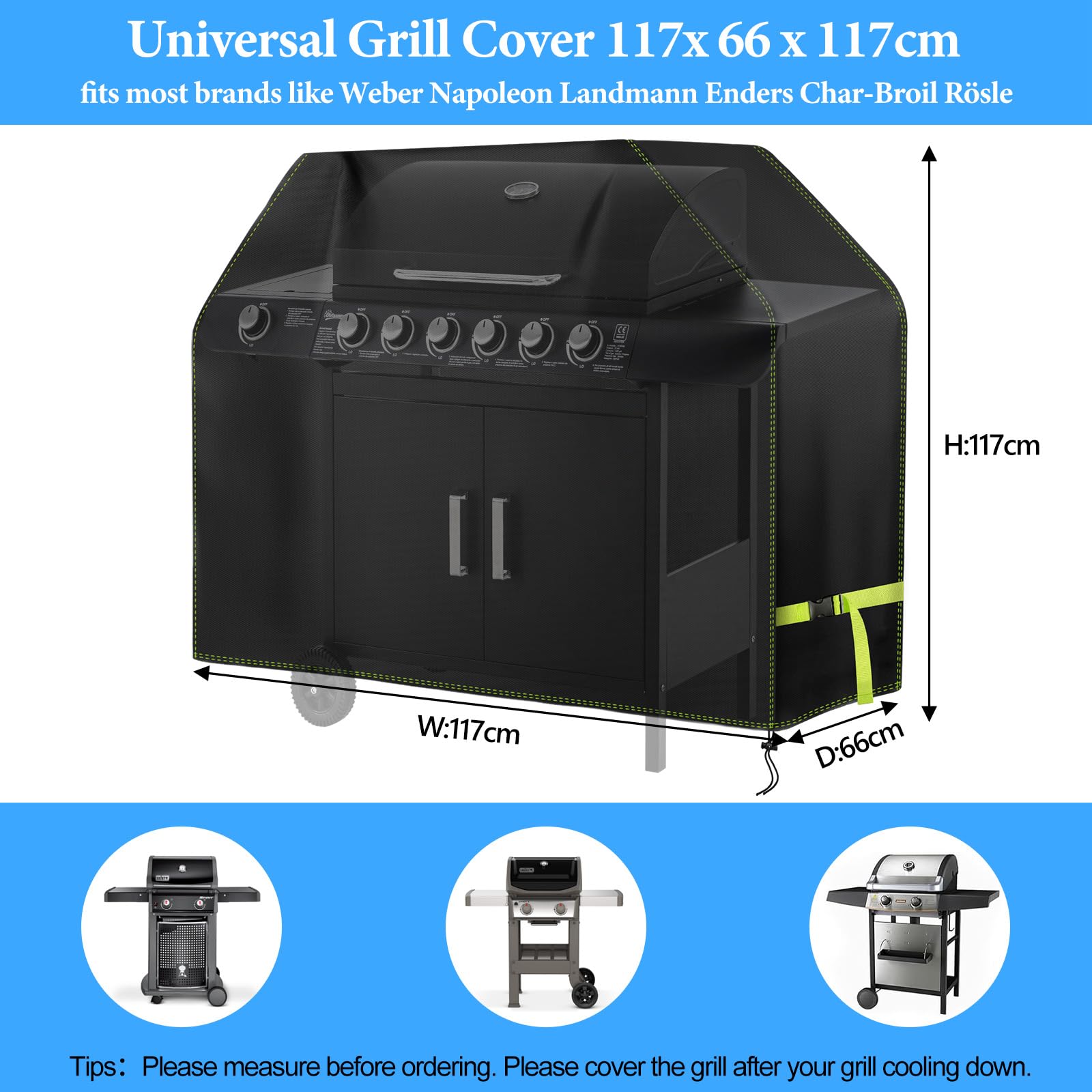 Funda Barbacoa Exterior Impermeable, VDISRR 420D Oxford Resistente al Desgarro Funda Protectora para BBQ 117 x 66 x 117 cm, Cubierta de Barbacoa Exterior Anti-Viento/Anti-Polvo/Anti-Humedad/Anti UV