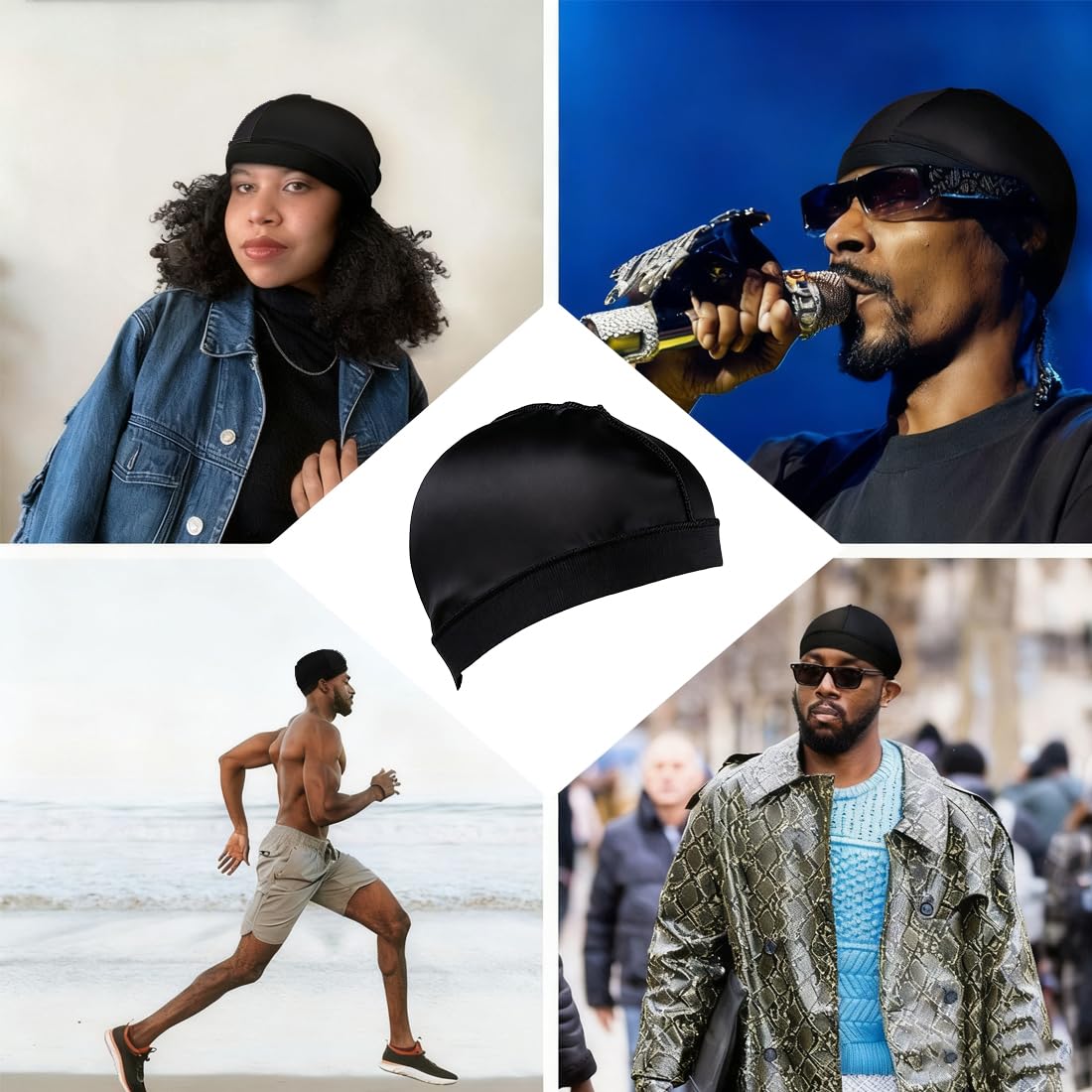 3 pièces Wave Caps en satin soyeux avec bande élastique, Durag et bonnet pour dormir et douche, satin homme, schlafmütze herren, duschhaube herren, seide, kopftuch herren (Tour de tête: 52 cm)