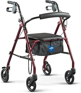 Medline Steel Rollator Walker with Seat, 350 lb Capacity, 6" Wheels - Foldable Adjustable for Seniors Mobility
