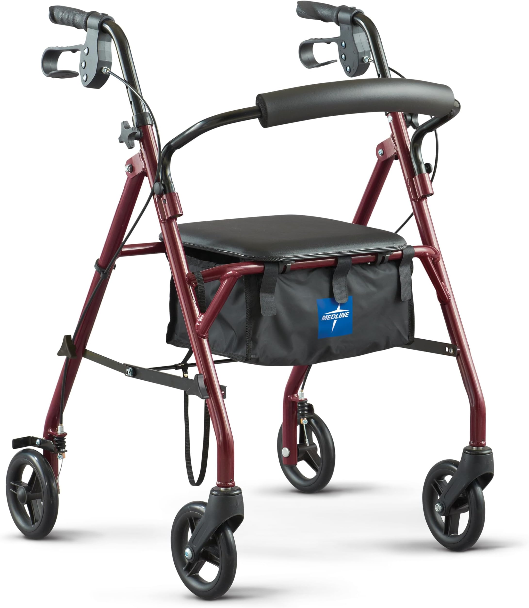 Rollator Walker with Seat, Steel Rolling Walker with 6-inch Wheels Supports up to 350 lbs, Medical Walker, Burgundy