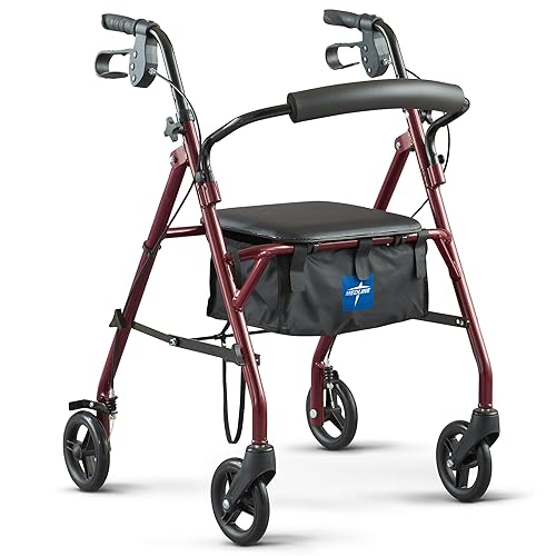 Medline Steel Rollator Walker with Seat, Burgundy, 350 lb. Weight