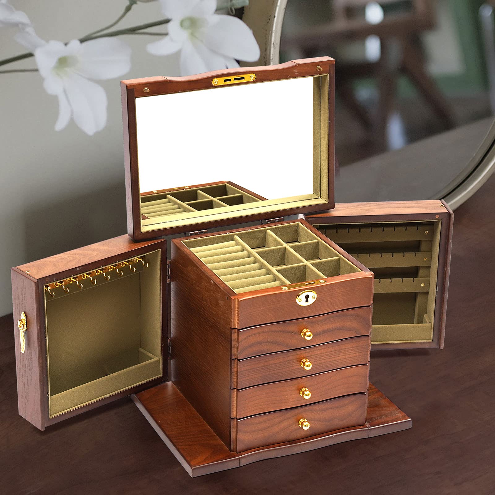 5 Schicht Schmuckkasten Schmuckschatulle Holz Uhrenbox Schmuckkästchen Schmuckkoffer, Schmuck Aufbewahrungsbox Mit Spiegel Und Schloss, Geschenk