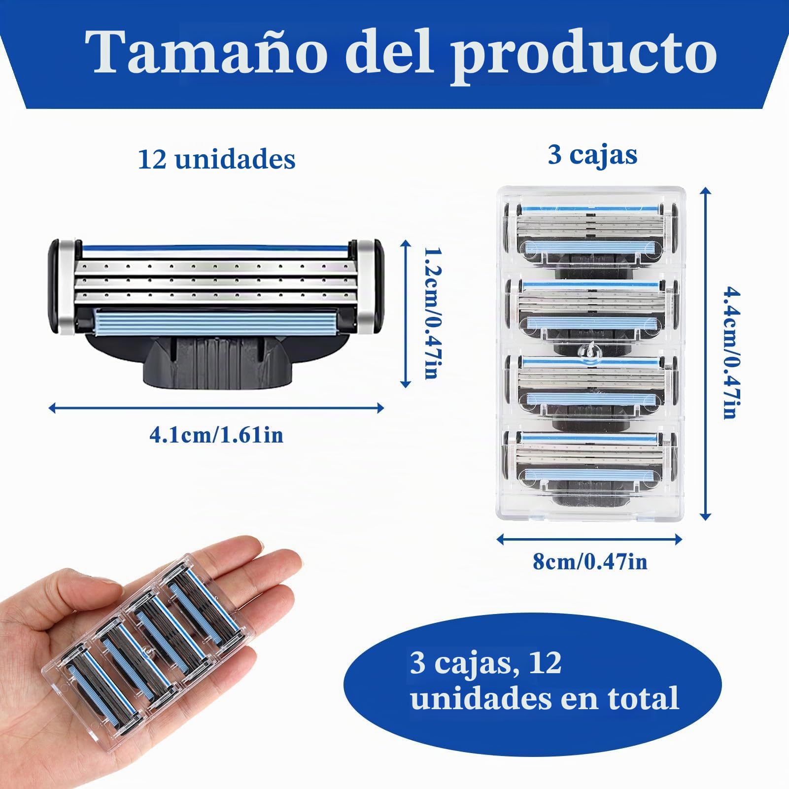 Pack de 12 Cuchillas Recambio, Recambio, Afeitado Preciso y Confortable, Cuchillas de 3 Capas con Doble Lubricación, Ideal para Uso Diario y Profesional, Indicador de Cambio