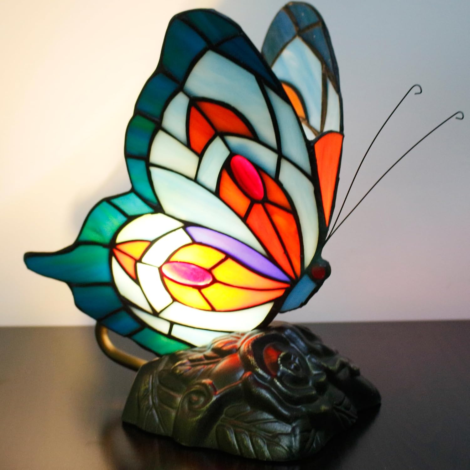 Small Tiffany Table lamp Stained Glass Butterfly Desk Lamp 7X5X9.8 Inch Accent Antique Light (Blue Butterfly)