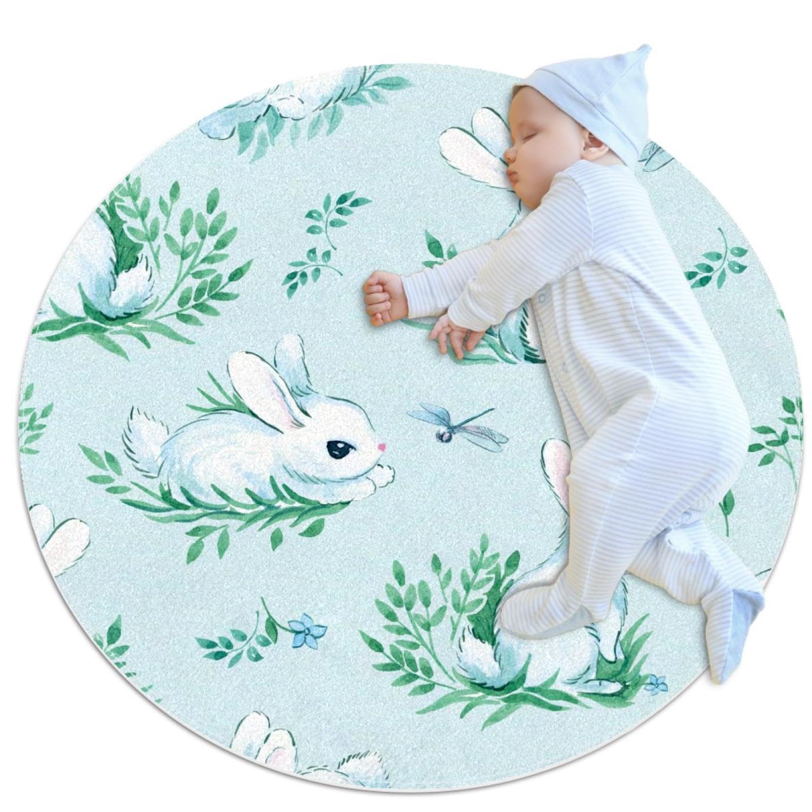 Tapis de salle de bain rond de 1m motif lapin blanc antidérapant