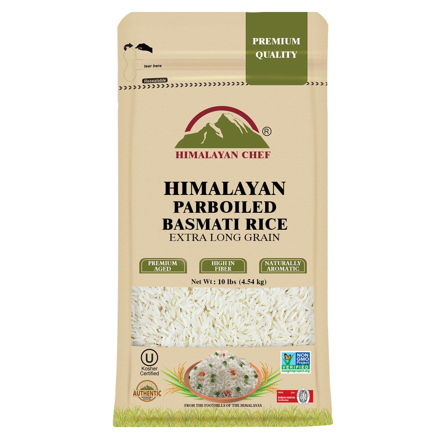 Himalayan ChefParboiled Basmati Rice, Healthy & Extra Long Grain Rice, Premium Quality, Fluffy Quick Cooking Aromatic, Non-GMO, Halal and Kosher Certified - 10 lbs[Amazon-developed Certification] Compact by Design