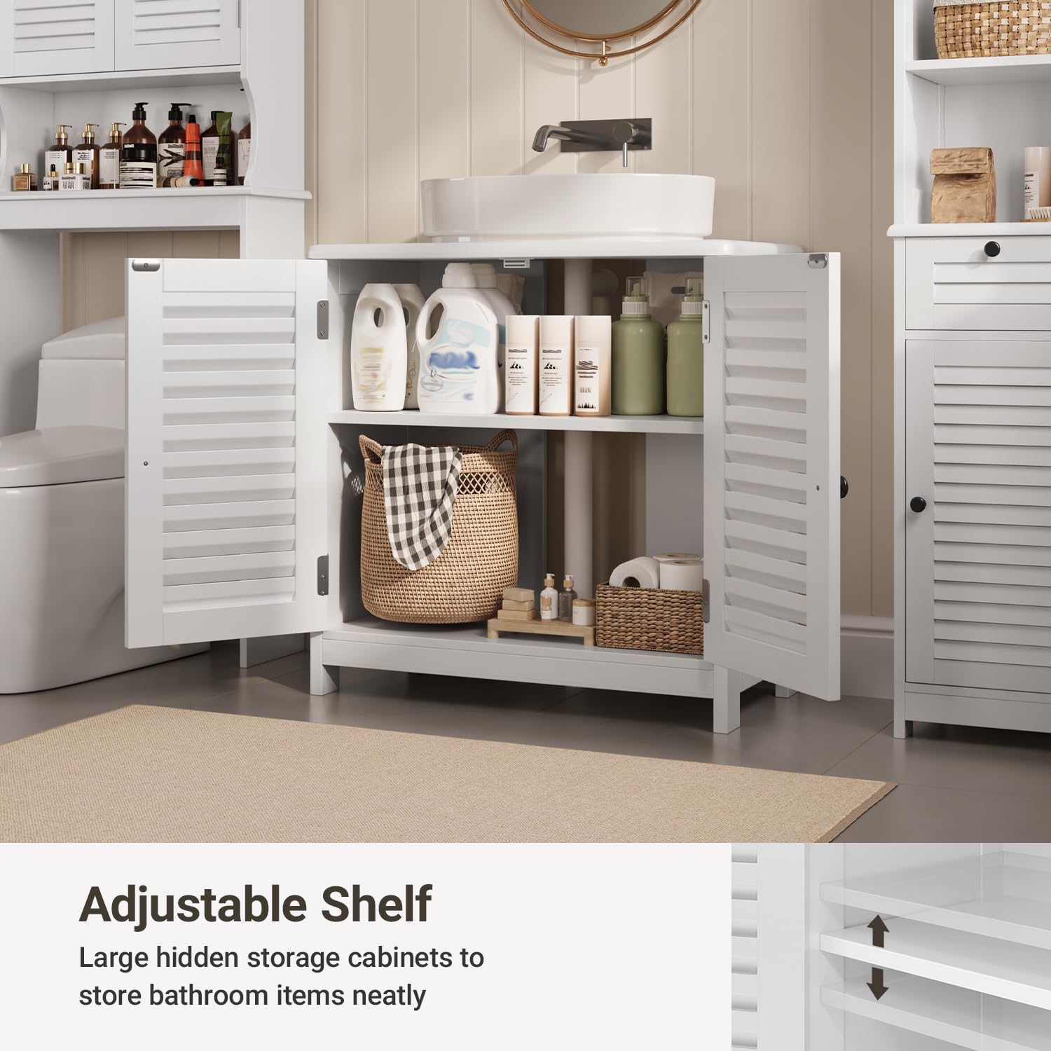 Xbro Mueble Bajo Lavabo con Pedestal, Mueble Auxiliar de Baño para Lavabo de Pie, Armario con 2 Puertas y 2 Estantes, 60 x 30 x 60 cm,Blanco